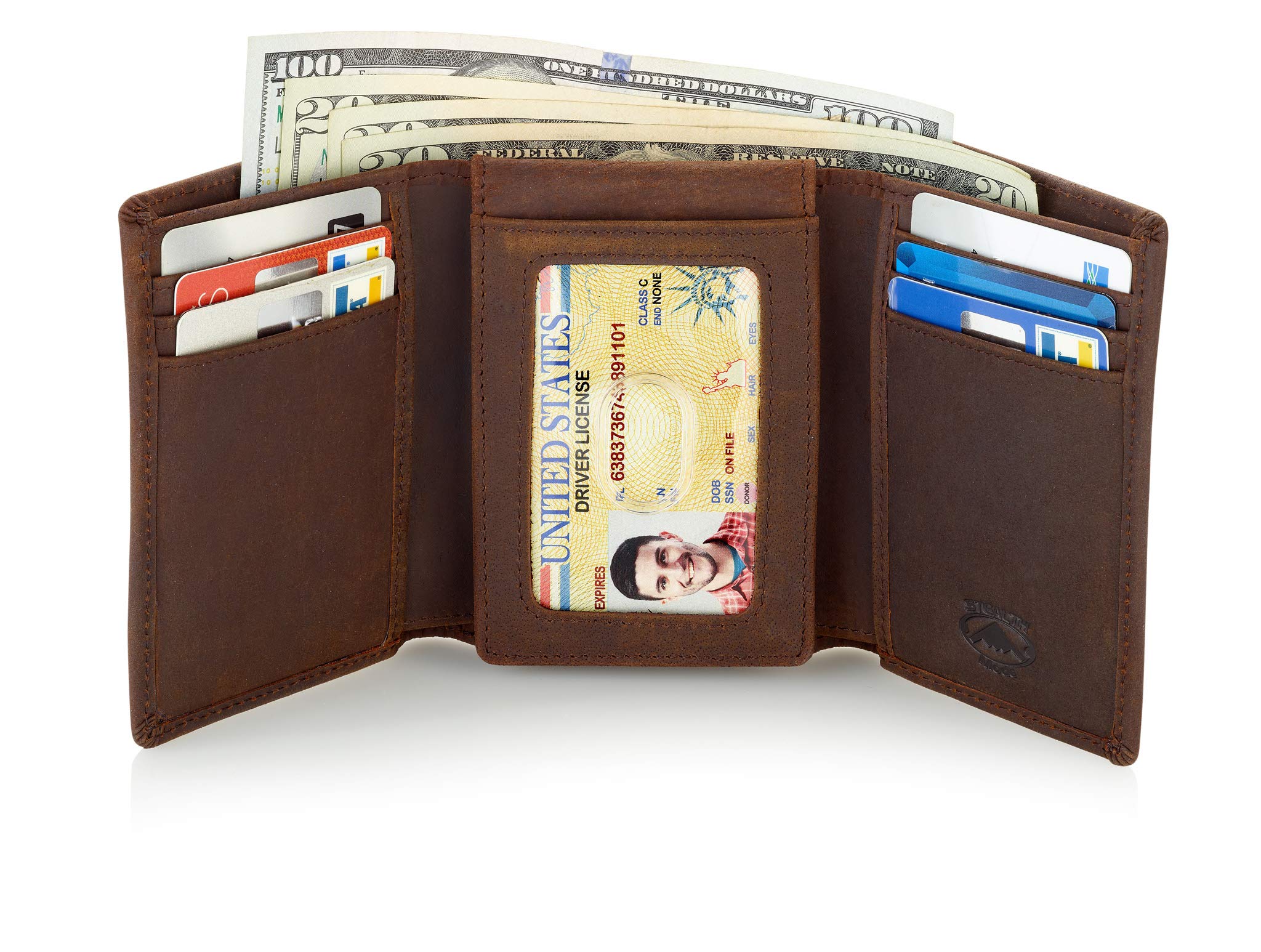 Billetera triple – Cartera con bloqueo RFID con soporte para identificación – Funda de cuero para dinero, tarjetas de crédito – Organizador para hombre, billetera dividida, protección de 2
