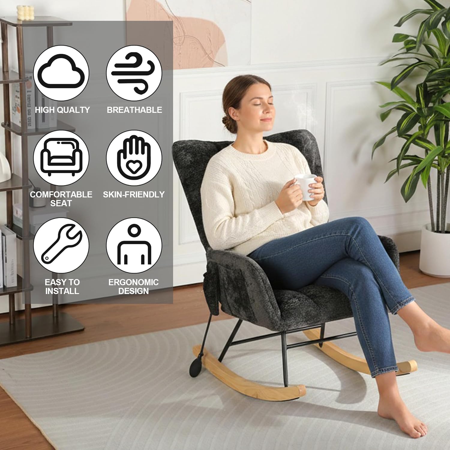 Rocking Chair Nursery with Airbag, Comfy Modern Nursery Rocking Reading Chair Indoor, Cozy Upholstered Glider Rocker Chairs with High Backrest for Living Room Bedroom Offices(Chenille, Black)