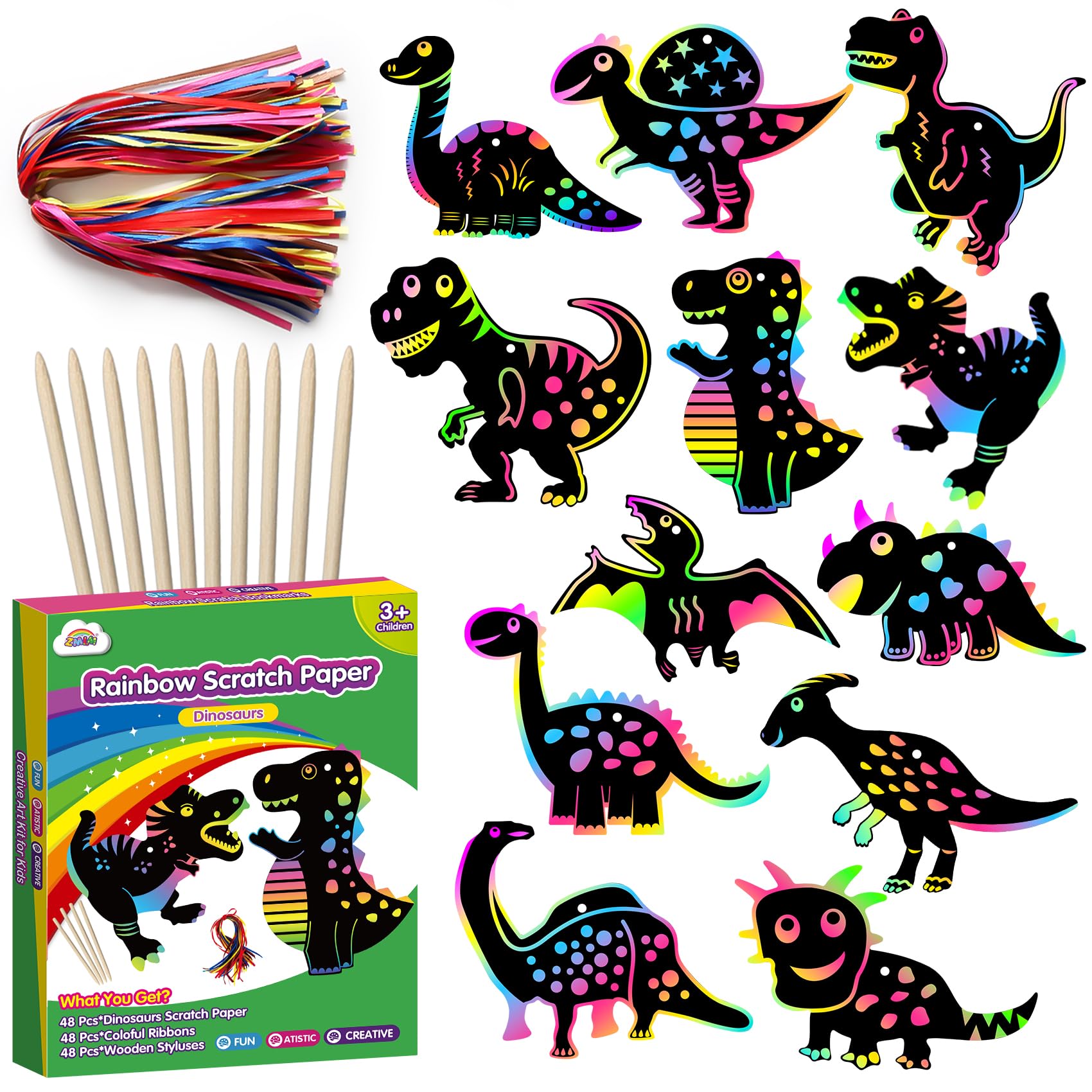 ZMLM Art Craft Activity Gifts - 48 Pcs Rainbow Scratch Paper Set Toy DIY Party Favor Games Supplies for Girls Boys Ages 4 5 6 7 8 9 for Easter Halloween Christmas Birthday(Dinosaurs)
