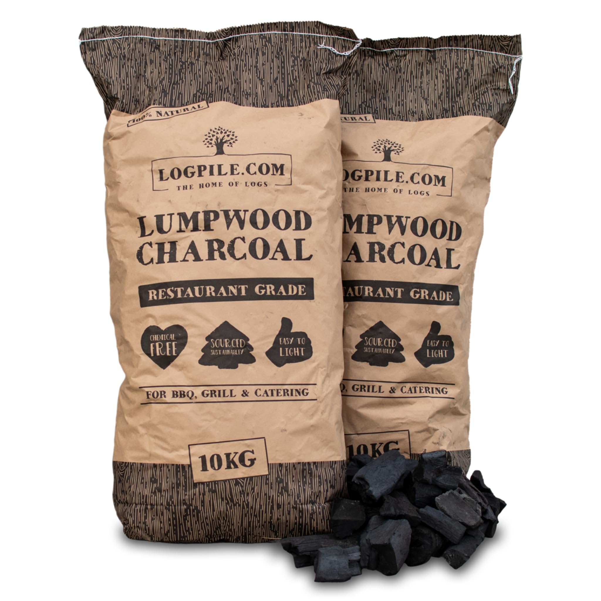 Logpile - Lumpwood Charcoal for BBQs (2x10kg) | Quick-Light, Premium Restaurant Grade Smokeless BBQ Charcoal for Barbecues, Smoker, Pizza Oven, Firepits | Big Chunks for Long-Burning Fuel | 70L Bags