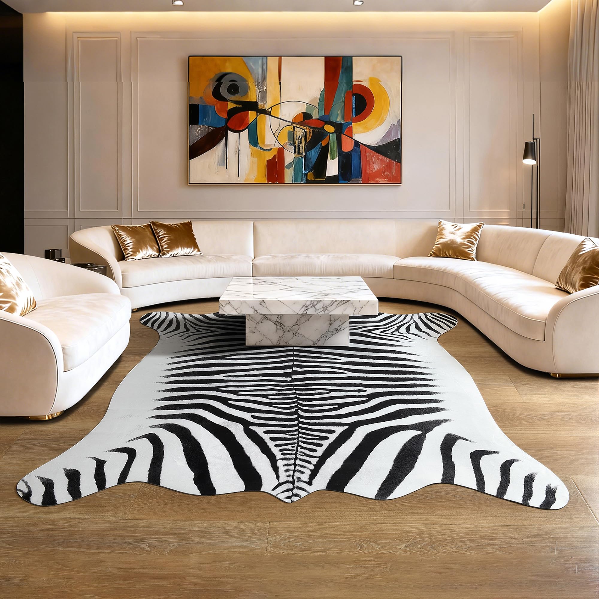 Photo 1 of Easycozy Faux Zebra Pattern Rug: 6.2 x 7 Bold Zebra Stripe Faux Cowhide Area Rug, Non-Slip Backing Modern Tribal Print Rug for Living Room, Bedroom - Adds a Wild Chic Touch to Any Space