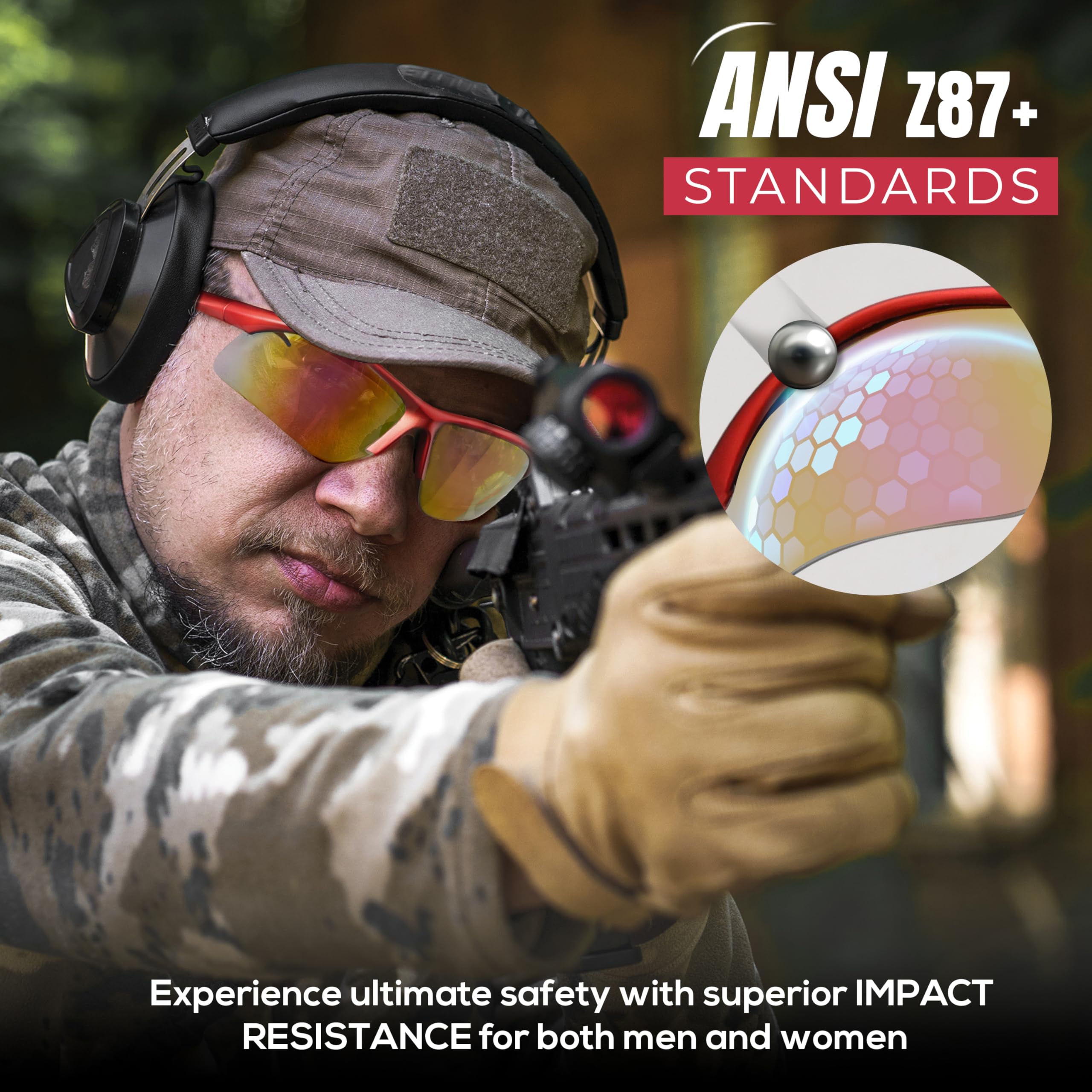 BISON LIFE Sport MTX - Gafas de seguridad con lente de espejo rojo, ANSI Z87.1+, lente de protección UV antivaho y antiarañazos para disparar, trabajo en el patio, ciclismo y actividades al aire libre