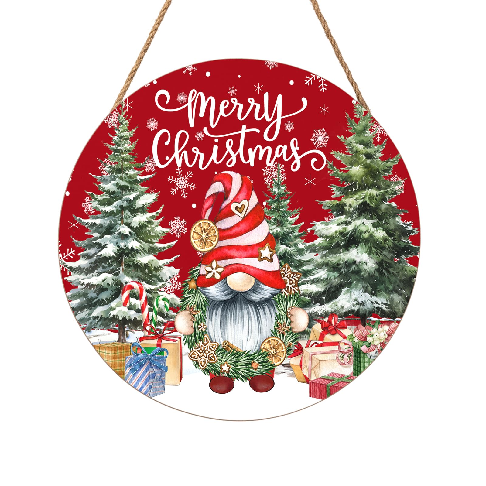 Christmas Gnome Welcome Sign - Merry Christmas Door Hanger, 12'x12' Wooden Hanging Sign for Front Door, Porch Decor, Winter Wreath