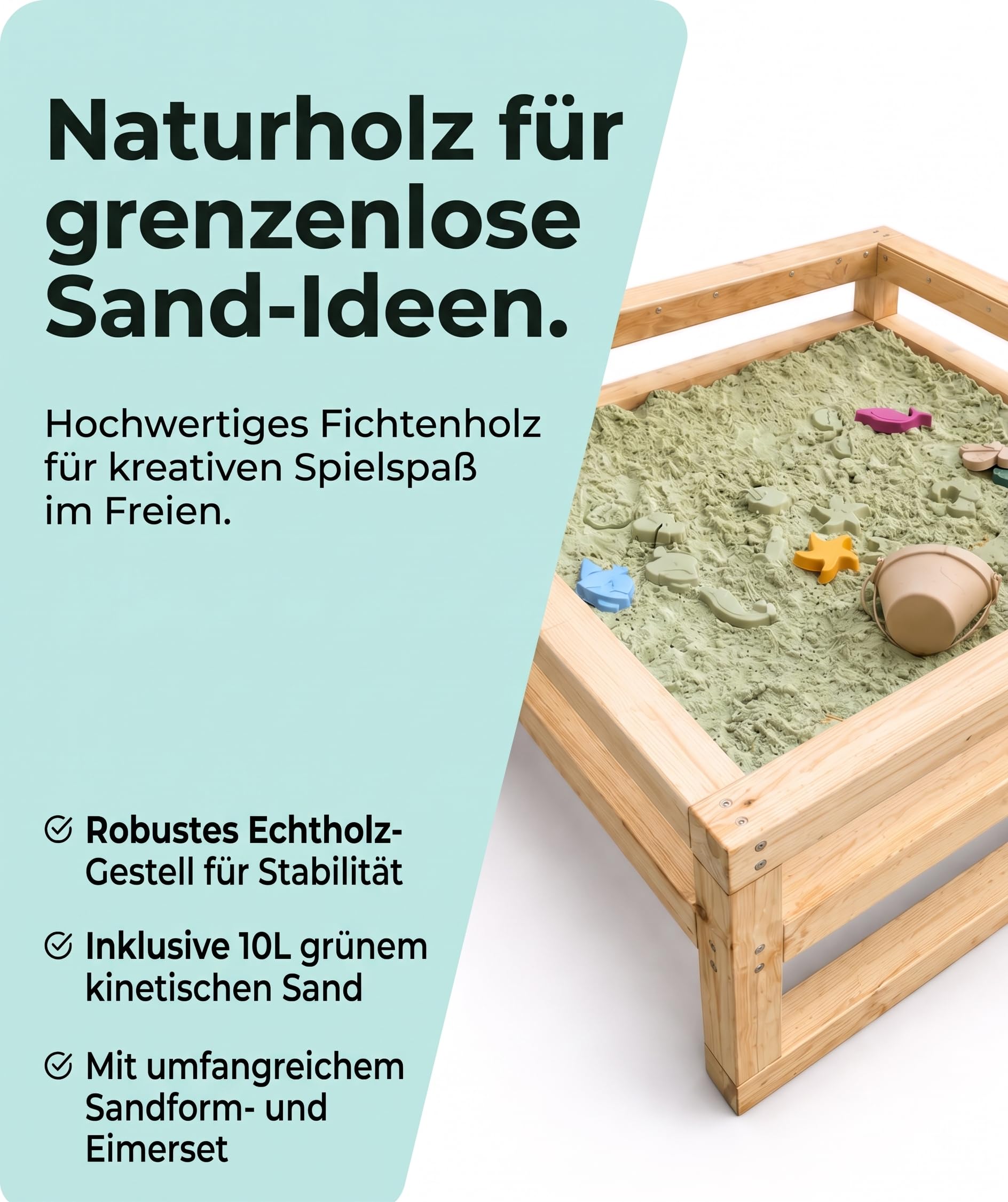 Modulaki Outdoor Matschküche für Kinder – Kinderküche aus Holz mit Spüle, Herdplatten & Stauraum, inkl. Kochgeschirr, Utensilien & Kinetischem Sand, Gartenküche für draußen