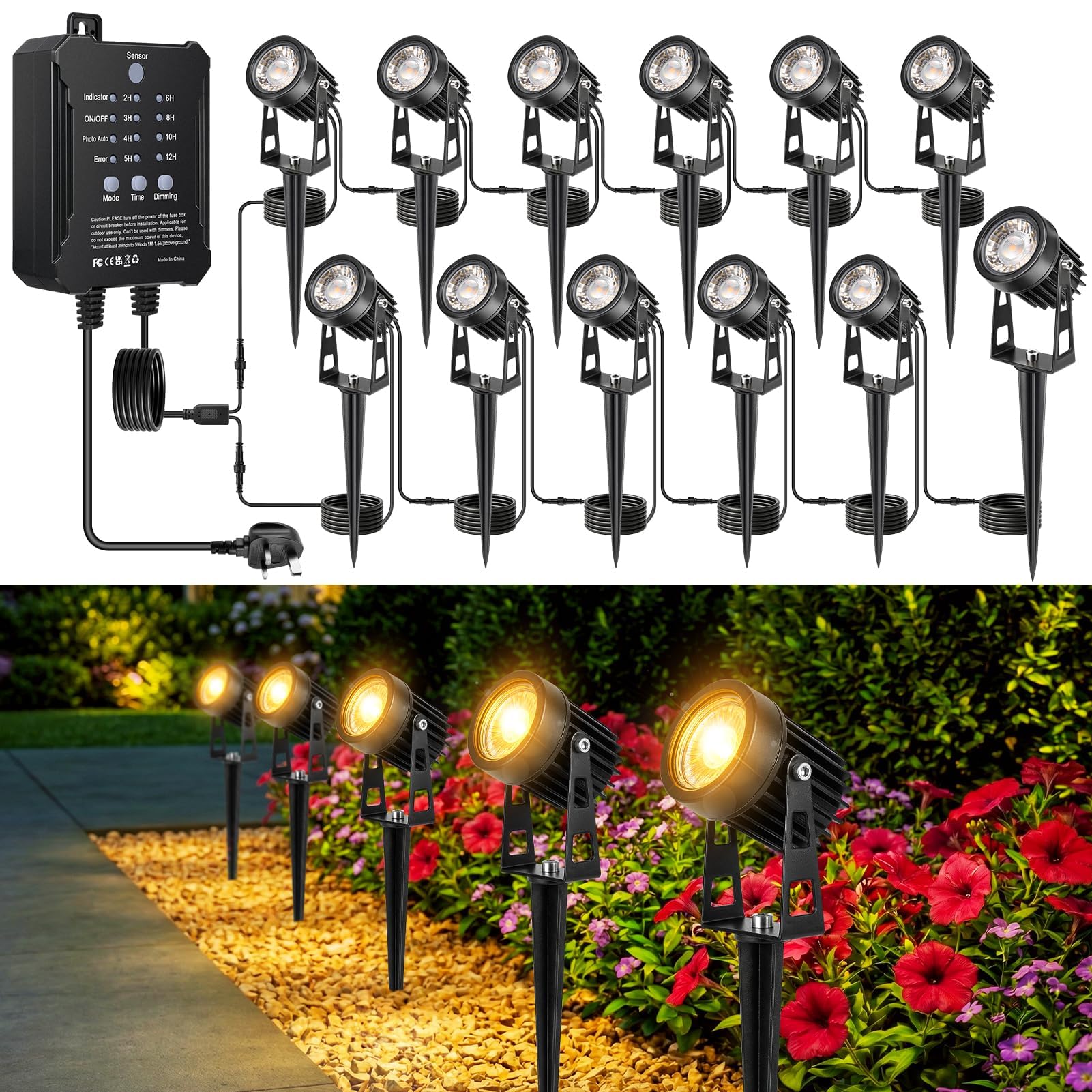 Bingotec Garden Spotlights Mains Powered with Timer & Dusk-to-Dawn Sensor, 12 Pack LED Spike Lights, IP65 Waterproof 24V Low Voltage, 3000K Warm White, with Extension Cables & Y-Splitters