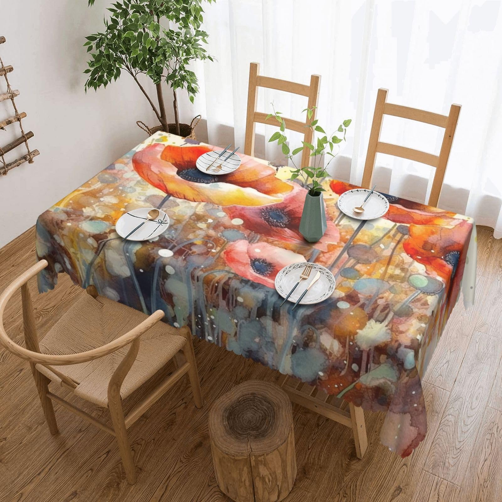 Fodpand Black Watercolor Red Poppy Flowers Tablecloths For Rectangle Tables 72 X 54 Inches - Reusable And Washable Table Clothes Decorative Table Cover For Dining Tables, Buffet Parties, Wrinkle Resistant