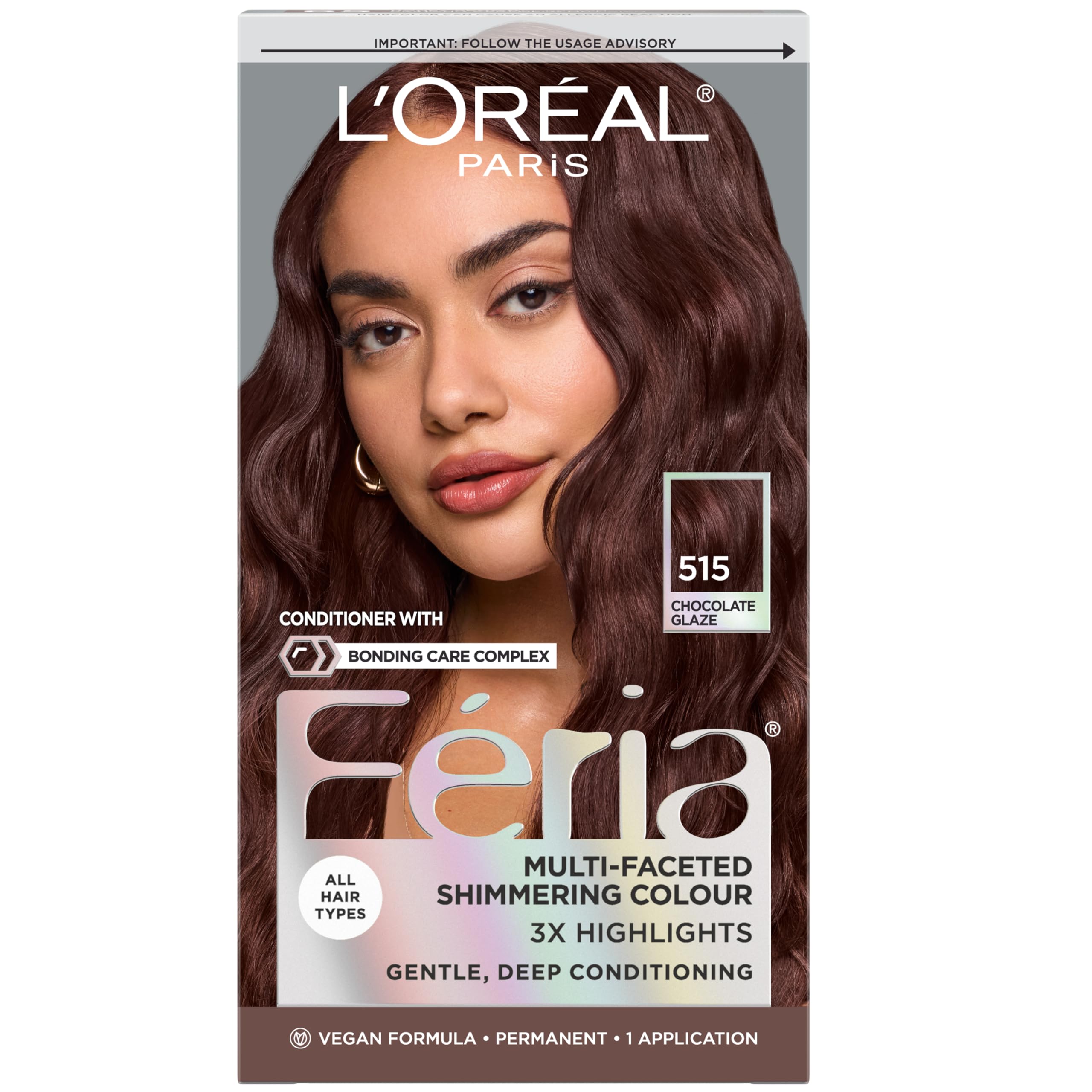 L'Oreal Paris Feria Multi-Faceted Shimmering Permanent Hair Color, High Intensity Hair Dye for 3X Highlights, 515 Chocolate Glaze, 1 Kit