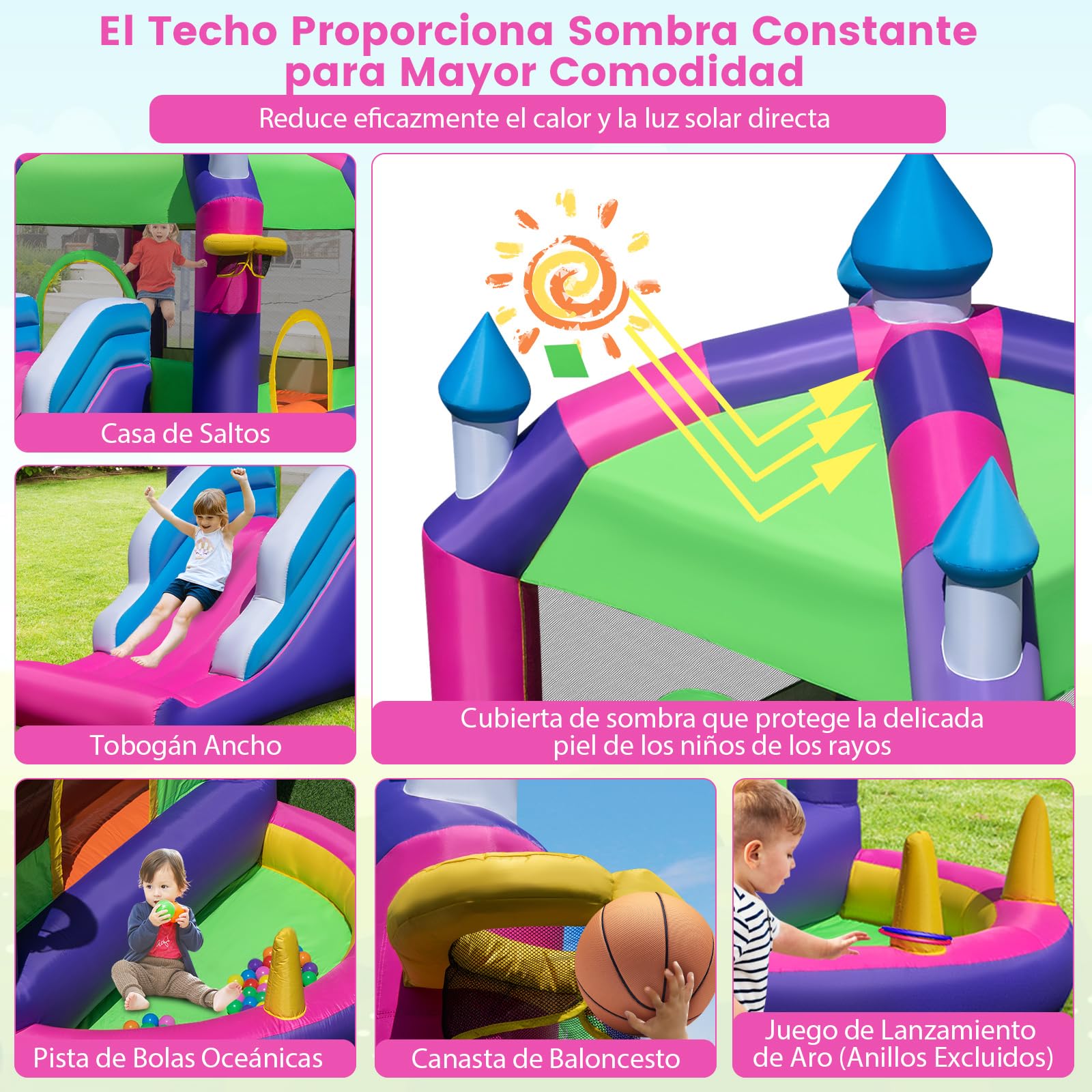 COSTWAY 5 en 1 Castillo Hinchable para Niños, Castillo Hinchable Grande con Tobogán, Piscina de Bolas, Techo Sombreado, para Niños 3-10 Años, Insuflavel Criança Interior Exterior, 385 x 332,5 x 300 cm