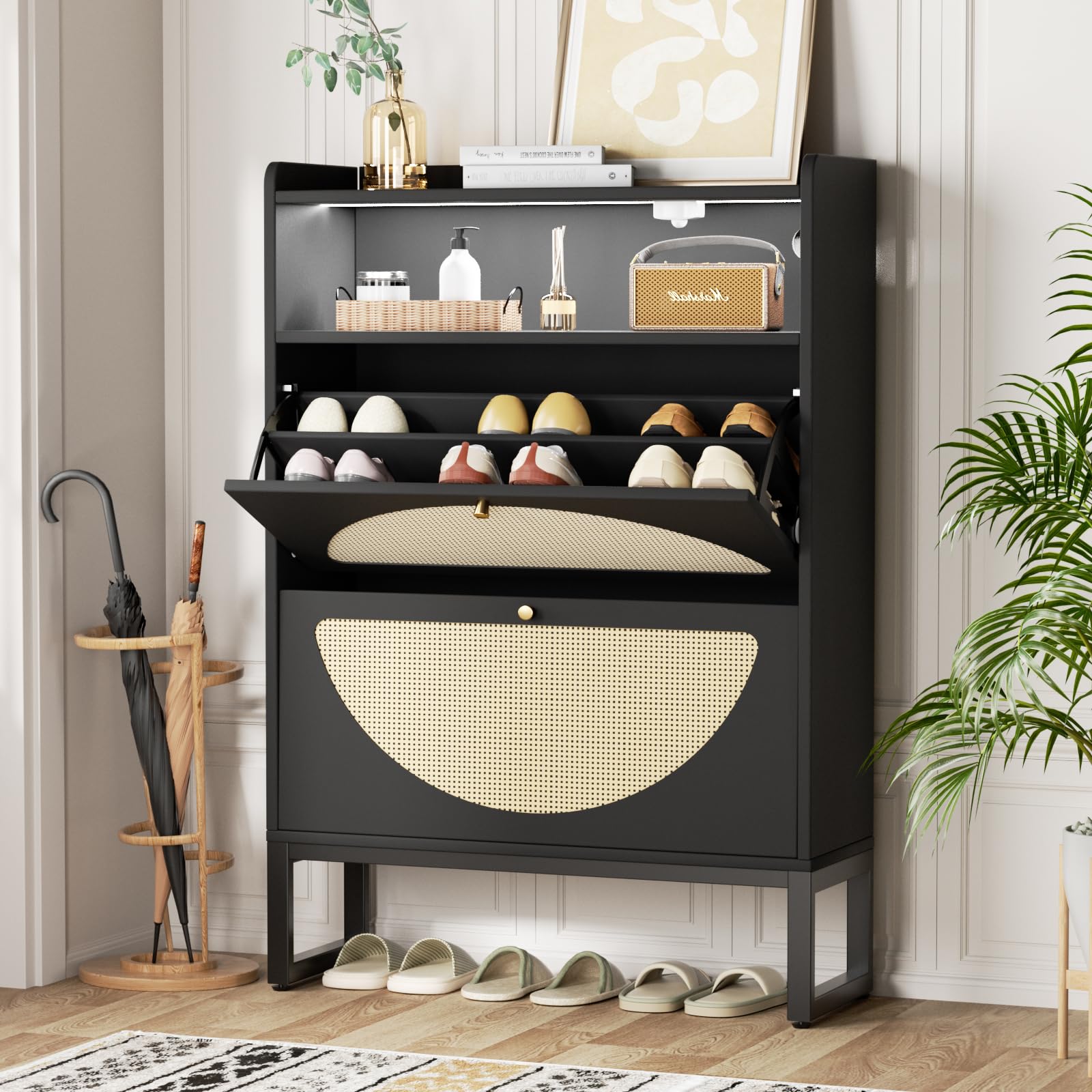 Shoe Storage Cabinet, Rattan Shoe Cabinet with 2 Flip Drawers & Sensor Light for Entryway, Narrow Free Standing Shoe Racks for Entryway, Hallway, Black