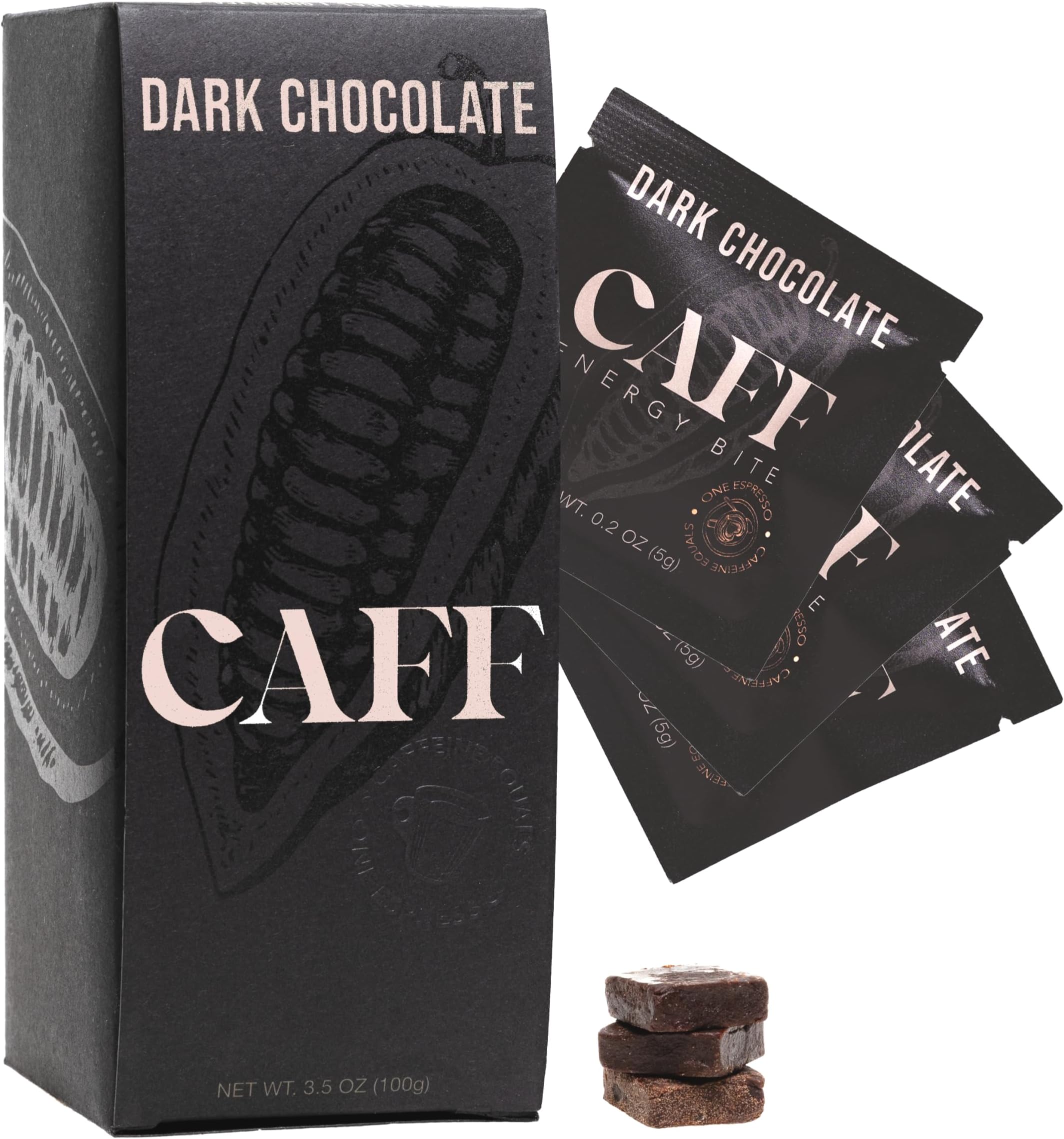 CAFF All Natural Energy Bites - Caffeinated Chocolate Flavored Chew for Energy Boost - No Added Sugar - 65mg Caffeine Chocolate Bars – 15 Calorie Organic Caffeine Snacks - Vegan, Gluten-Free, Keto (20 Bites)