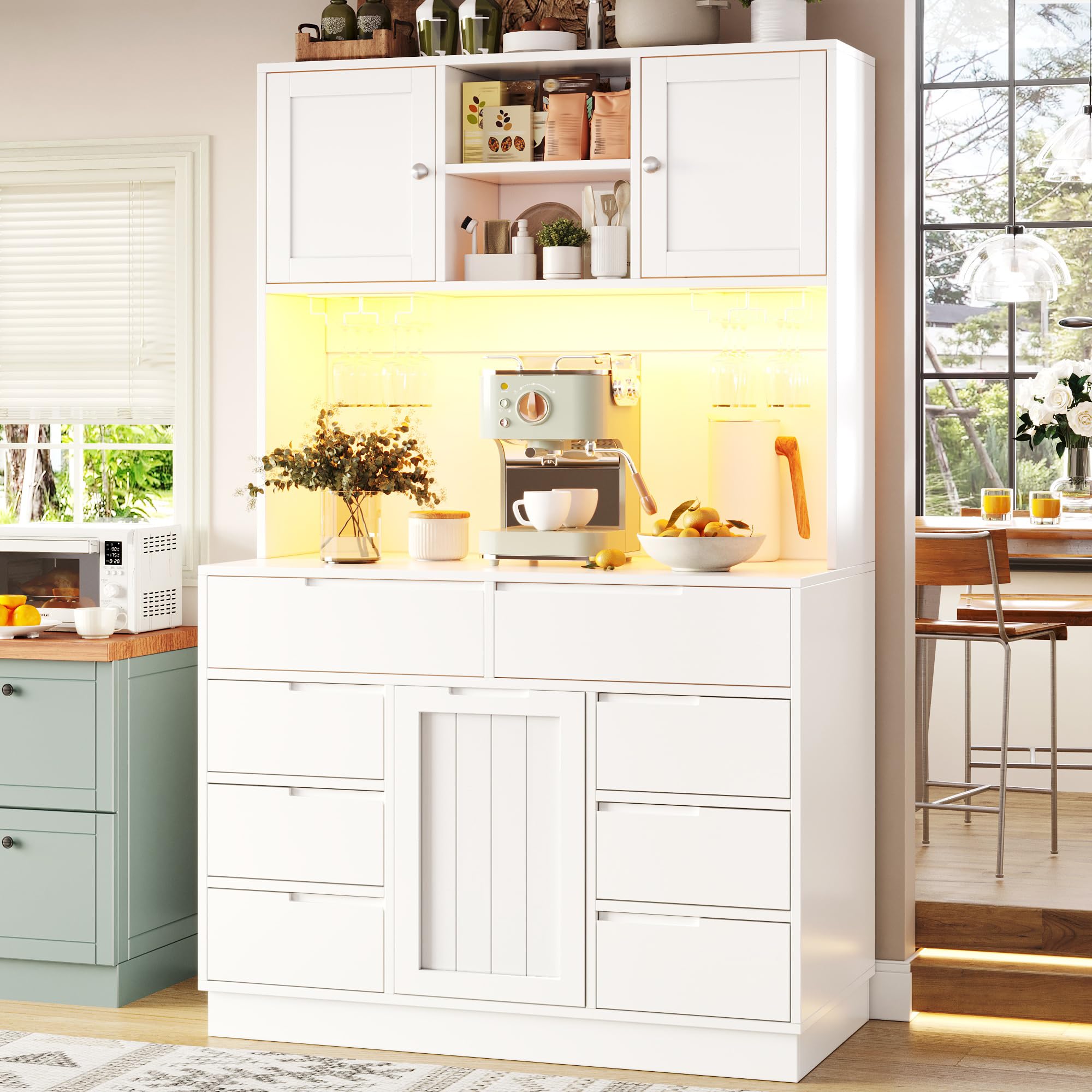 Mobile alto moderno, bianco, 120 × 40 × 183,5 cm, armadio da cucina, armadi alti per soggiorno, 8 cassetti, chiusura magnetica, ripiani regolabili in altezza