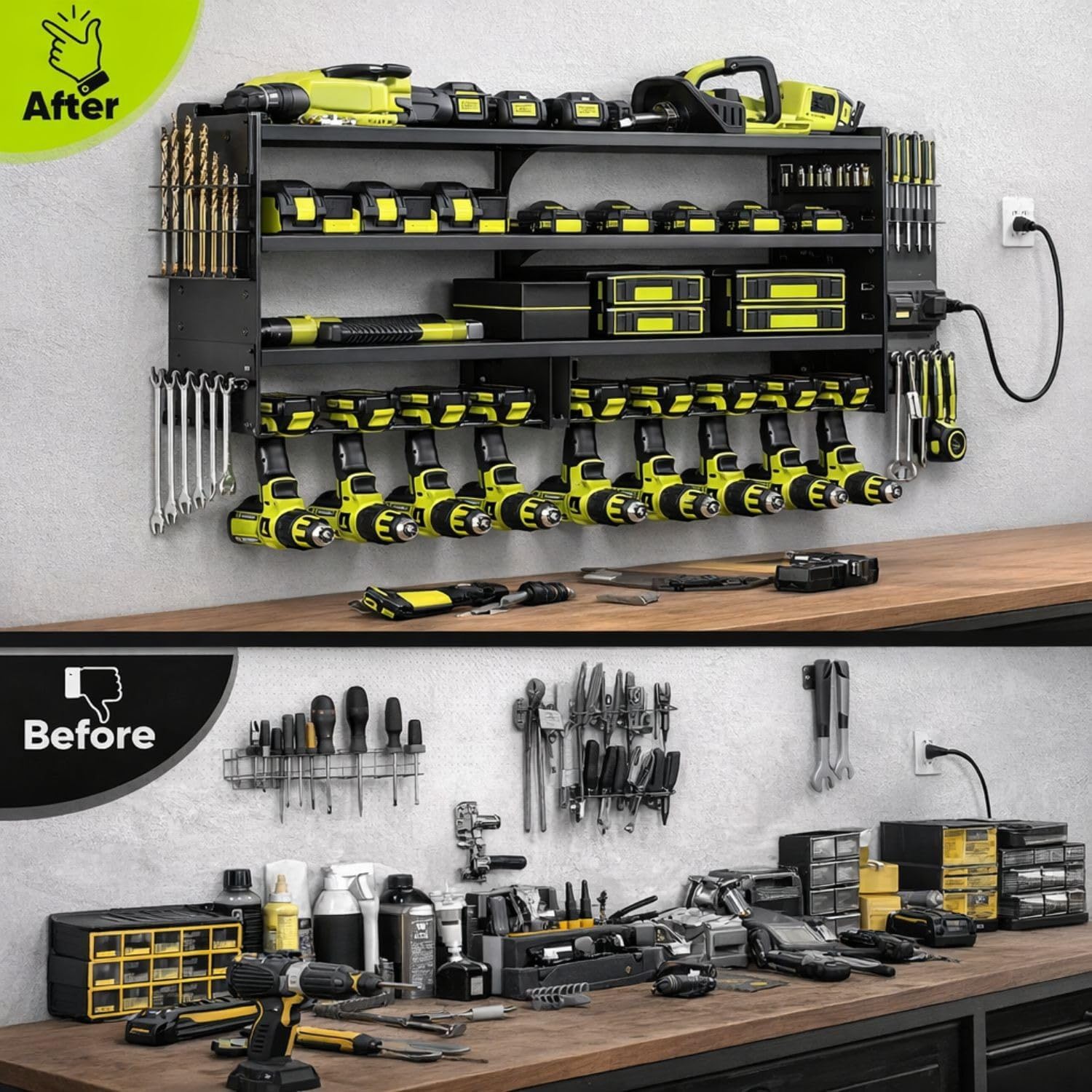 Large Power Tool Organizer Wall Mount, 6-Shelf Heavy Duty Metal Tool Storage Rack with Drill Holder Slots, Side Screwdriver Racks and Hook Bar, Wall Mounted Tool Organizer for Garage Workshop