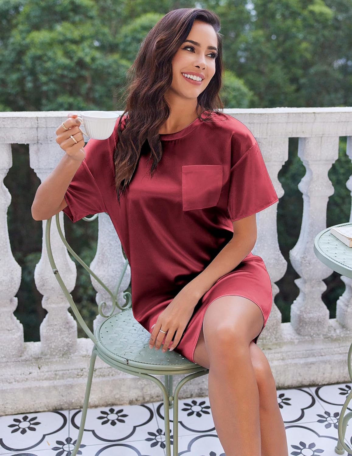 Ekouaer Silk Sleep Shirts for Women Satin Nightshirt Tshirt Nightgown Sleepwear Shirt Dress With Chest Pocket S-2XL - Image 4