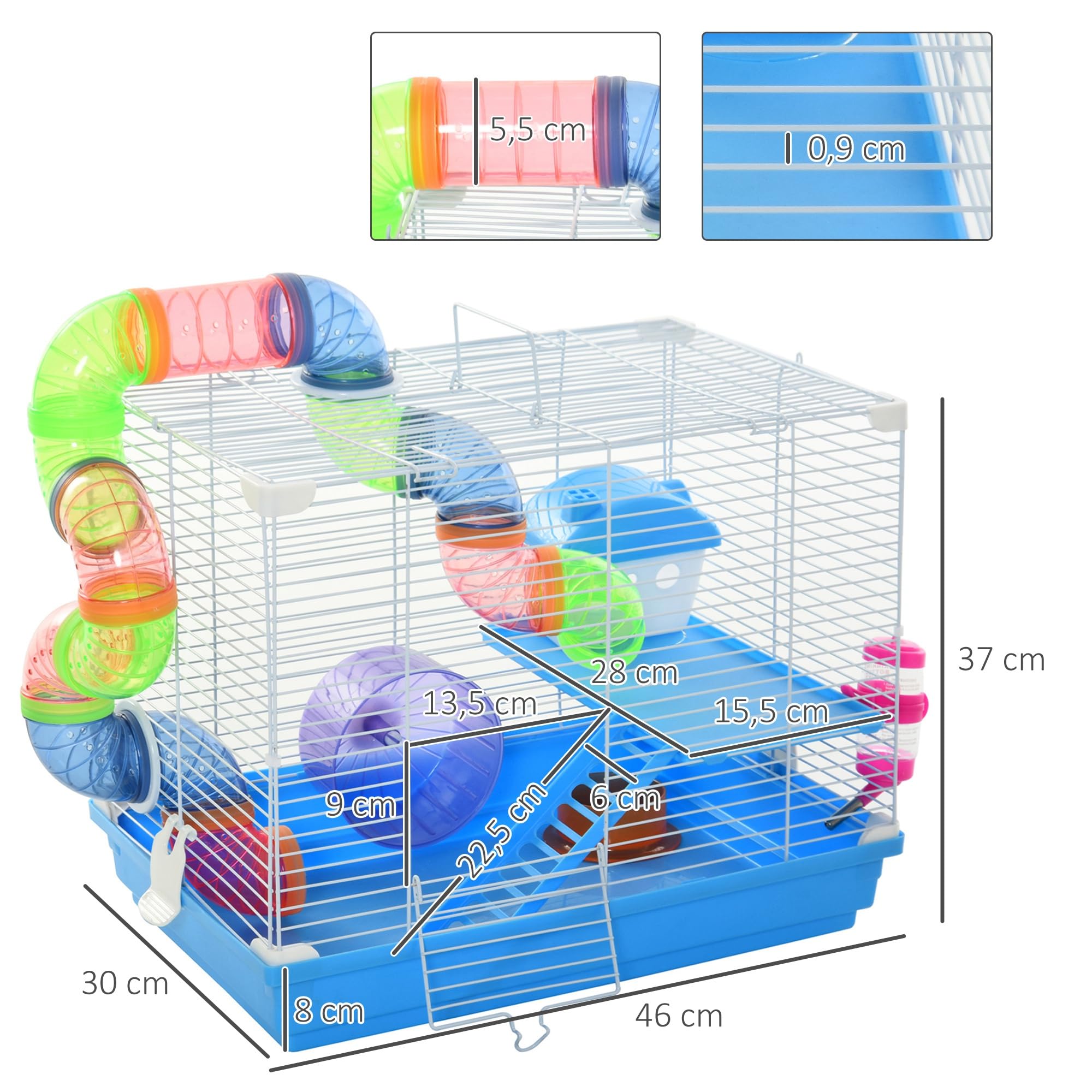 PawHut Kleintierkäfig Nagerkäfig mit Laufrad 2-Ebenen Kleintierstall Käfig Kleintier Futternapf Trinkflasche abnehmbare Bodenwanne Kunststoff Blau+Weiß 46 x 30 x 37 cm