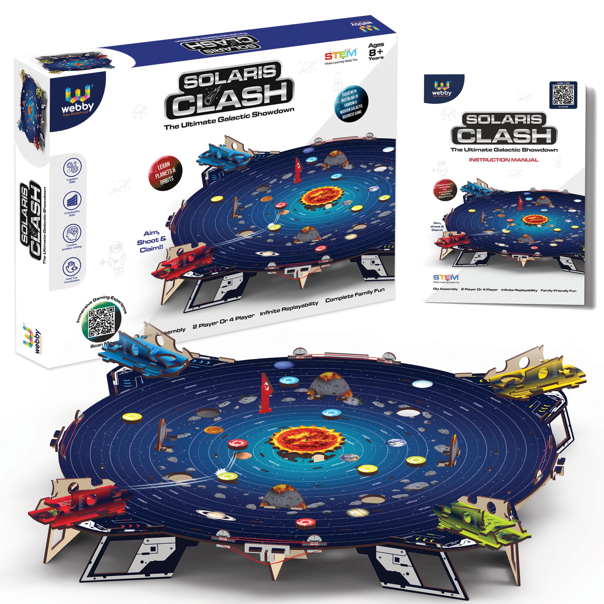 Webby DIY Wooden Multiplayer Solar Clash Game | Family Fun Set Fused with Carrom and Modern Galactic Business Game | Space Elements & Solar System Fun Facts | Board Game for Kids and Adult