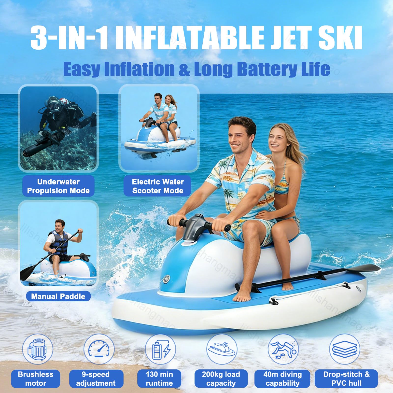 Scooter Subacuático Y Moto Acuática Inflable: 3 Formas De Jugar: Kayak, Lancha Motora Y Propulsión para Buceo. Motor Sin Escobillas Y Capacidad De 200 kg, Ideal para Snorkel Y Pesca 700W