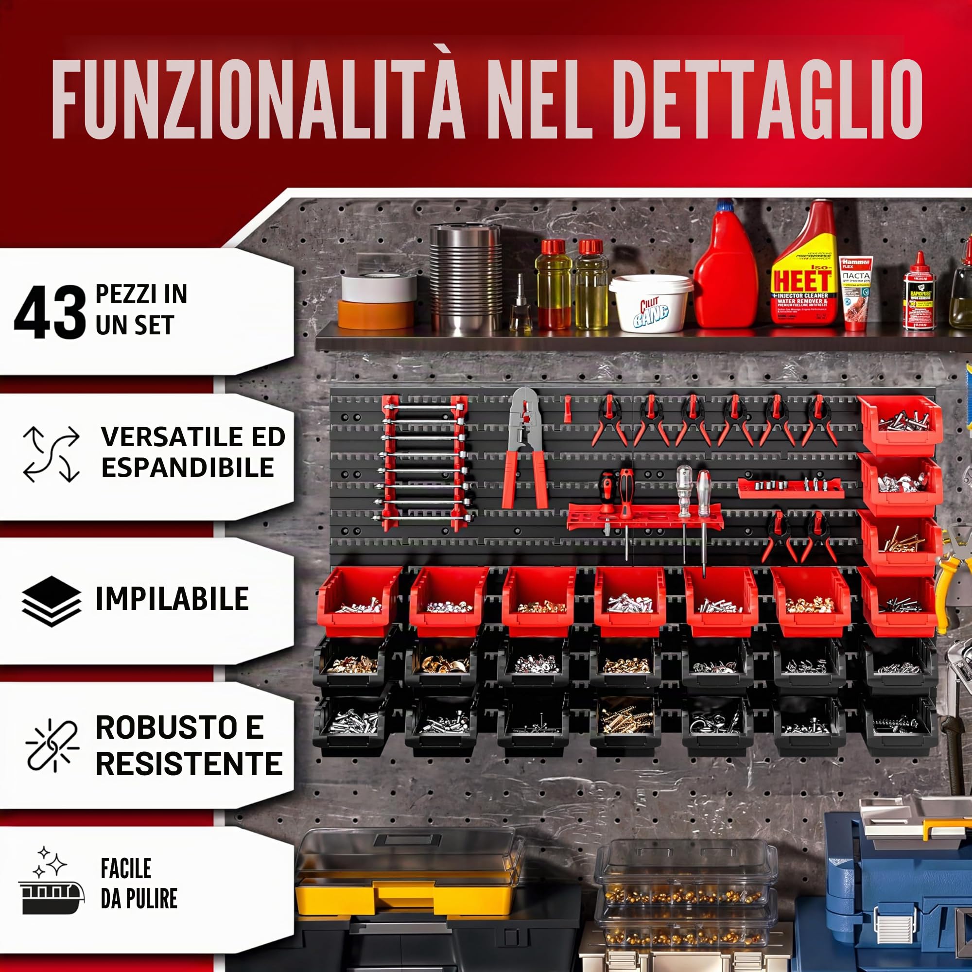 DEUBA® Pannello Preforato Portautensili 43 pz. Box Impilabili Parete Attrezzata Officina Organizer Ampliabile Garage