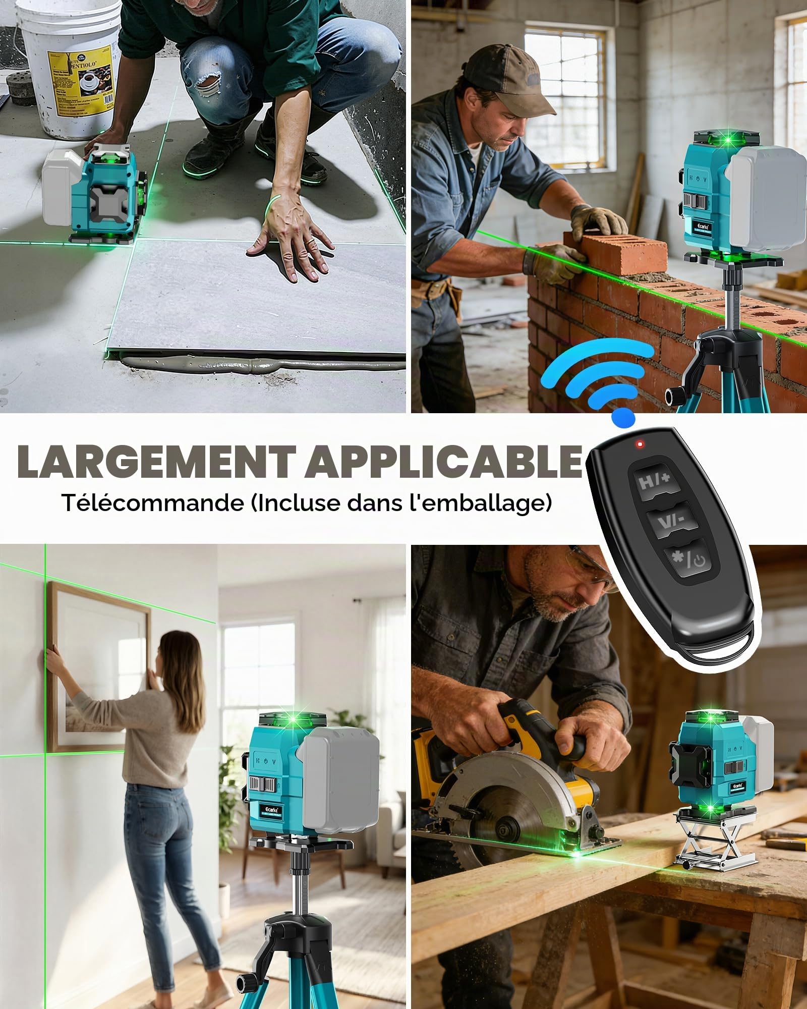 Ecarke 4D Laser à Lignes Croisées Vert, 16 Lignes, 4x360° avec Trépied, Compatible avec Batterie Ma-kita 18V, Laser Auto-Nivellant pour La Construction, Les Carreaux (Outils Uniquement)