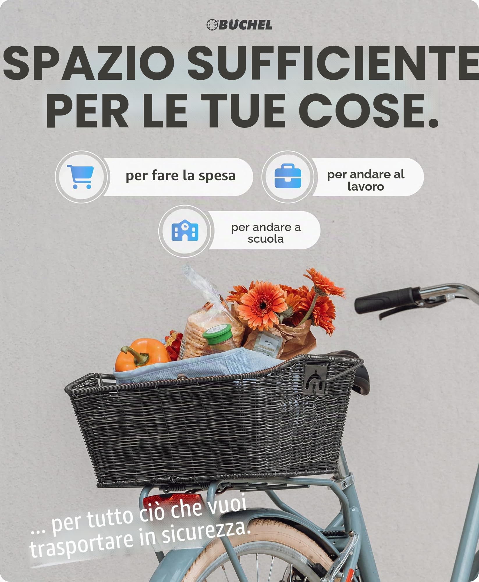 Büchel 40504190 - Cestino per Bicicletta in polyrattan, Colore: Grigio