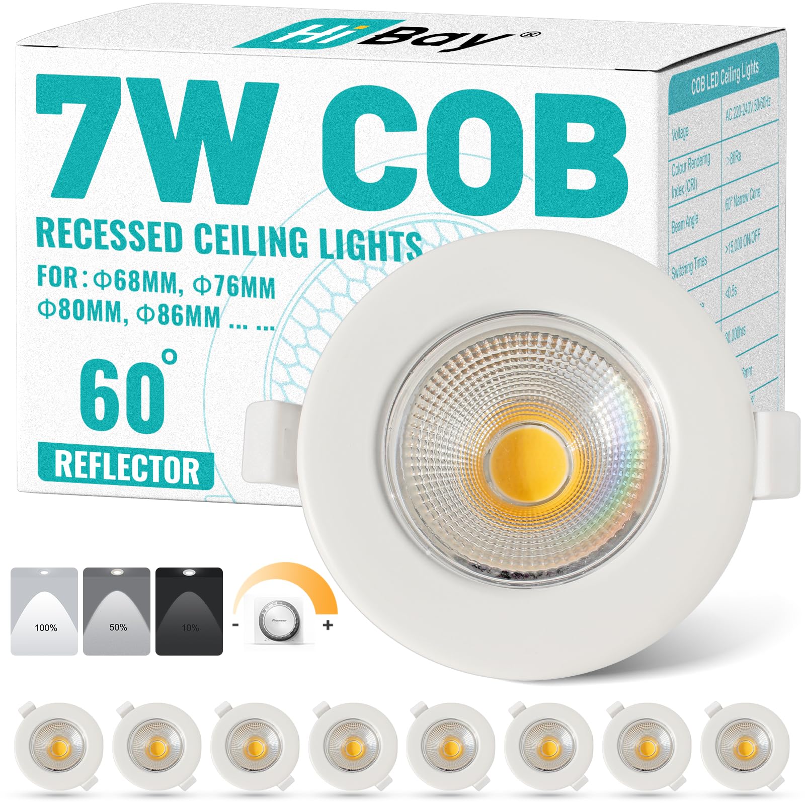 HiBay 8X Ultra Slim LED Downlights Round White Dimmable Spot Lights Ceiling Warm White 7W COB Down Lights Indoor Ceiling 3000K for Living Room, Bedroom, Cutout Ø65-88mm, 240V 600LM