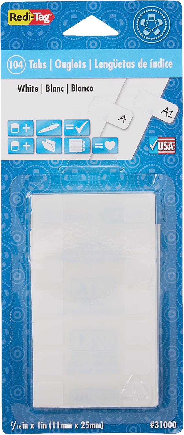 Redi-Tag, RTG31000, Permanent Stick Write-On Index Tabs, 104 / Pack , White : Blank Tabs : Office Products
