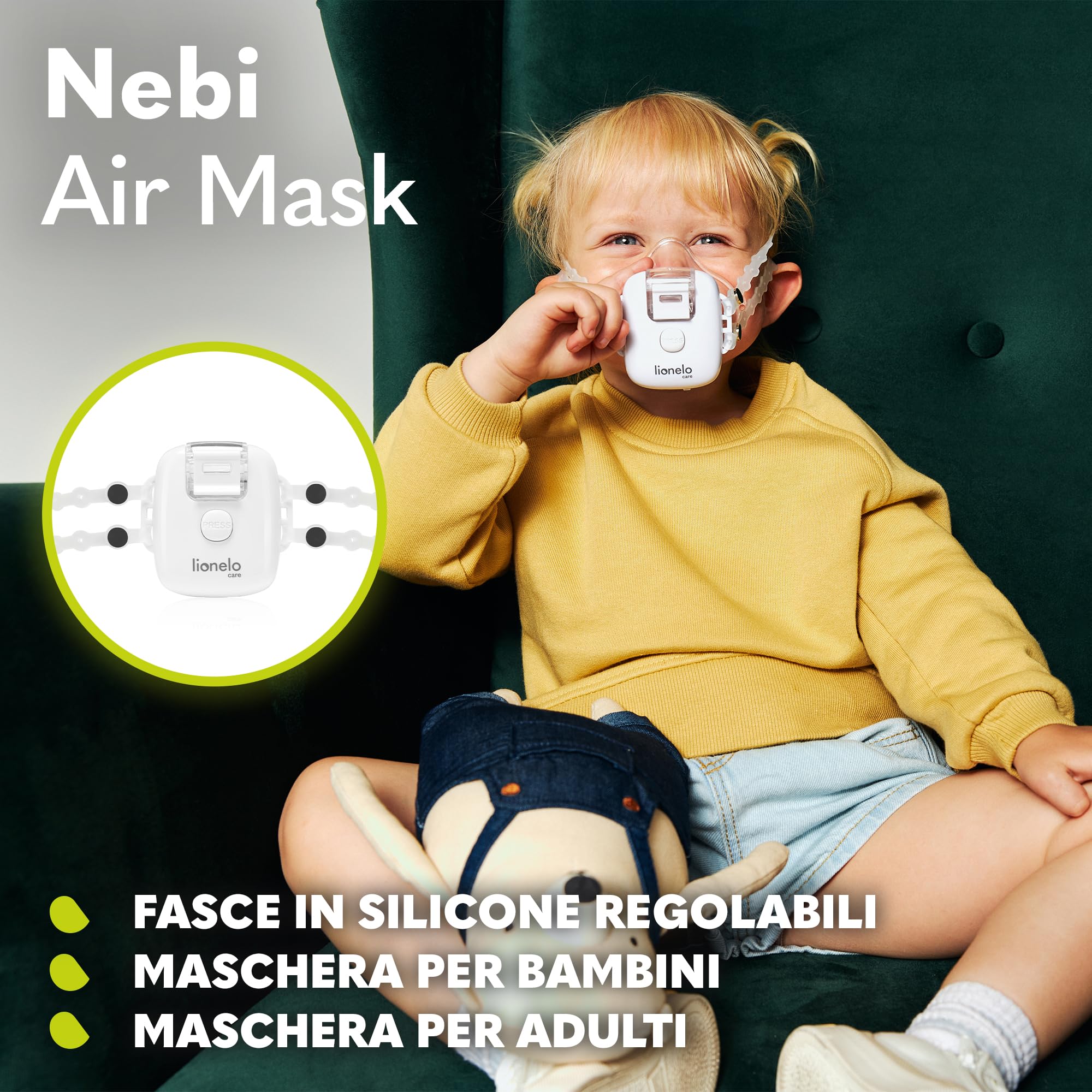 LIONELO Nebi Air Mask inalatore, nebulizzatore per bambini e adulti, silenzioso, compatto e portatile, per malattie dell'apparato respiratorio, infezioni e allergie, inalazione ad alta efficienza
