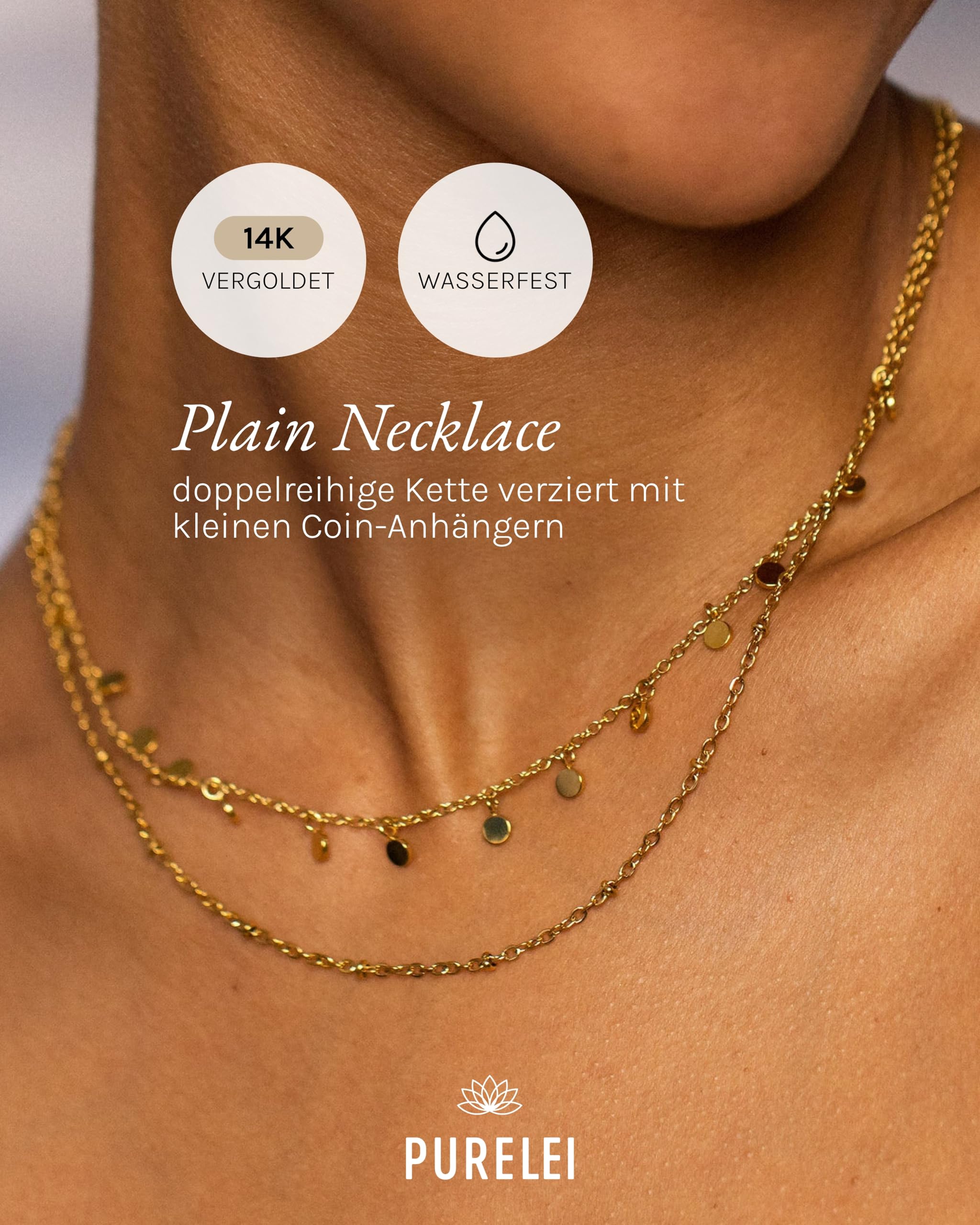 Purelei Doppelreihige Halskette Damen – Verstellbar 40–50 cm, Edelstahl in Gold, Silber, Hellsilber & Roségold – Filigrane Kette mit Kugeln & Coin-Anhängern, Layering Schmuck