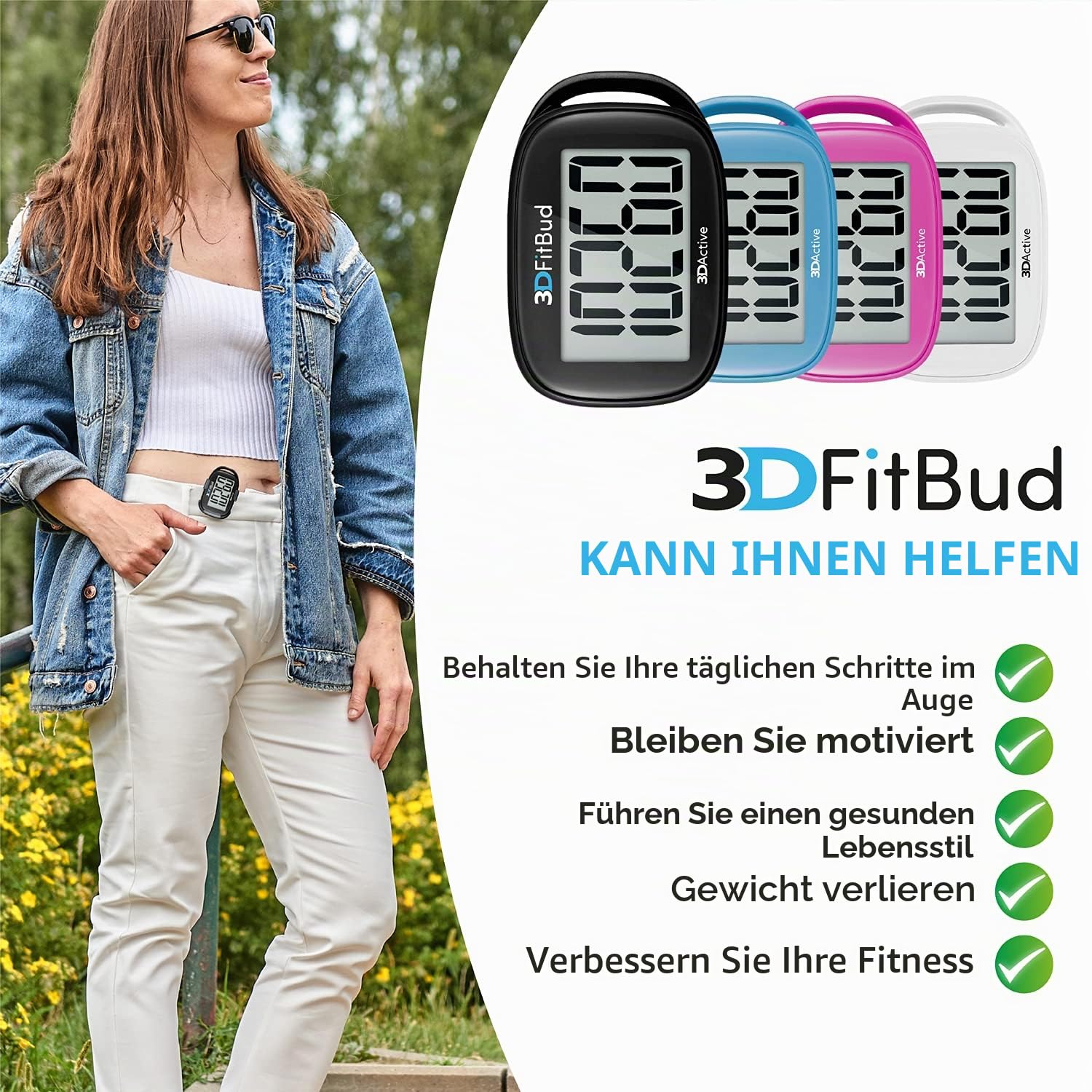 3DFitBud Einfacher Schrittzähler 3D von 3DActive mit Clip Lanyard Präziser Schrittzähler Großes Display Einfach Zu Verwenden Für Kinder Männer Frauen Erwachsene Senioren - A420S