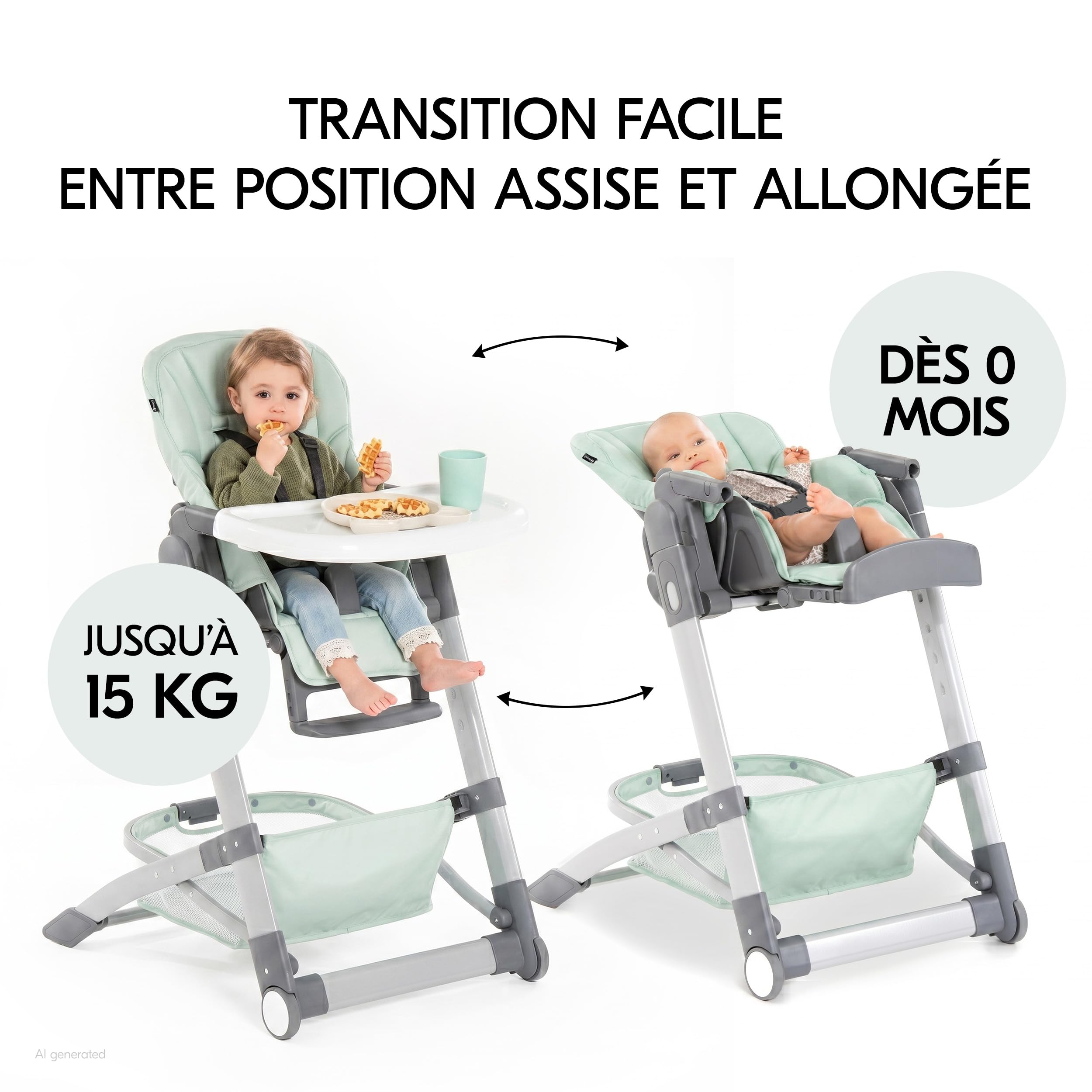 hauck Chaise Haute Bébé Evolutive Grow Up – Menthe | Chaise haute pliable avec dossier réglable dès la naissance I Hauteur ajustable, avec tablette et roulettes