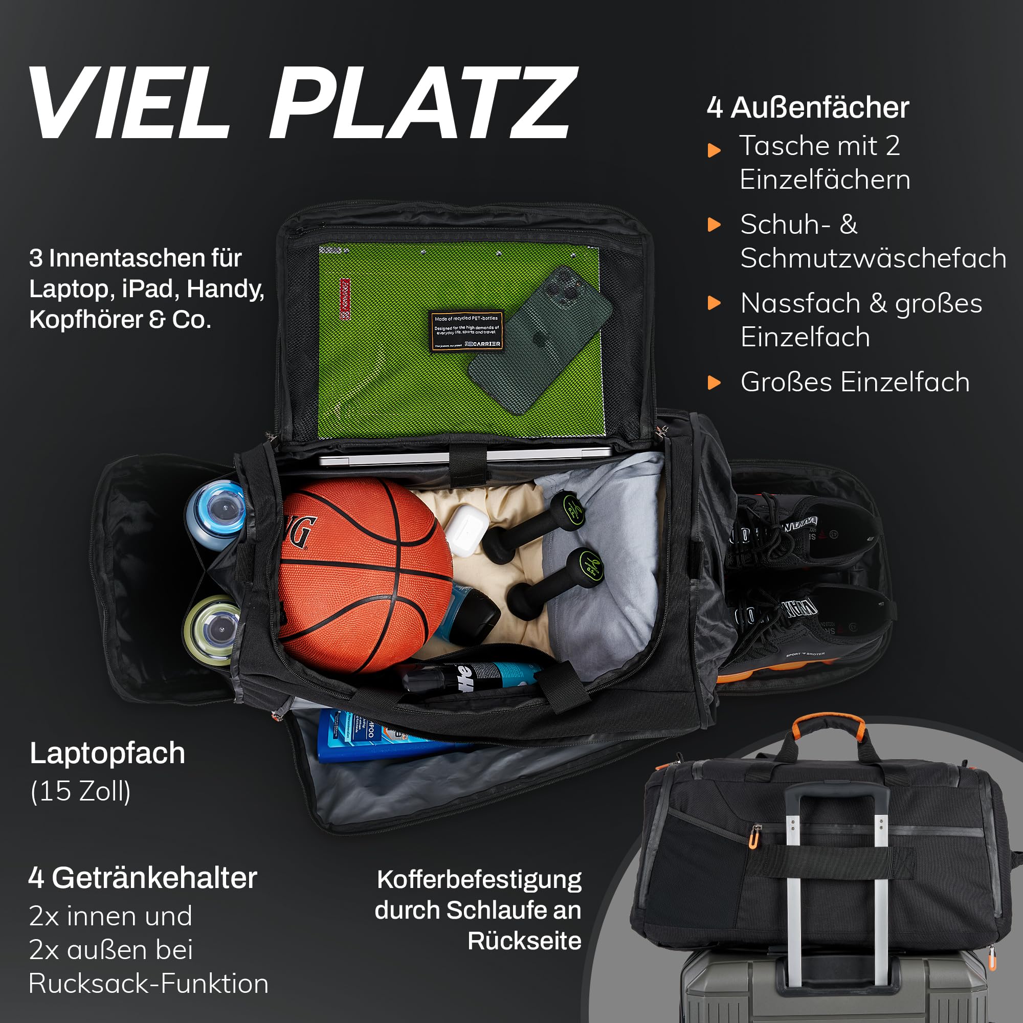 Sporttasche [RECYCELTES PET] 50L – Gym Bag und Rucksack in Einem – wasserdichte Trainingstasche Herren Damen – Sportrucksack mit Schuhfach Fitness, Reisetasche groß