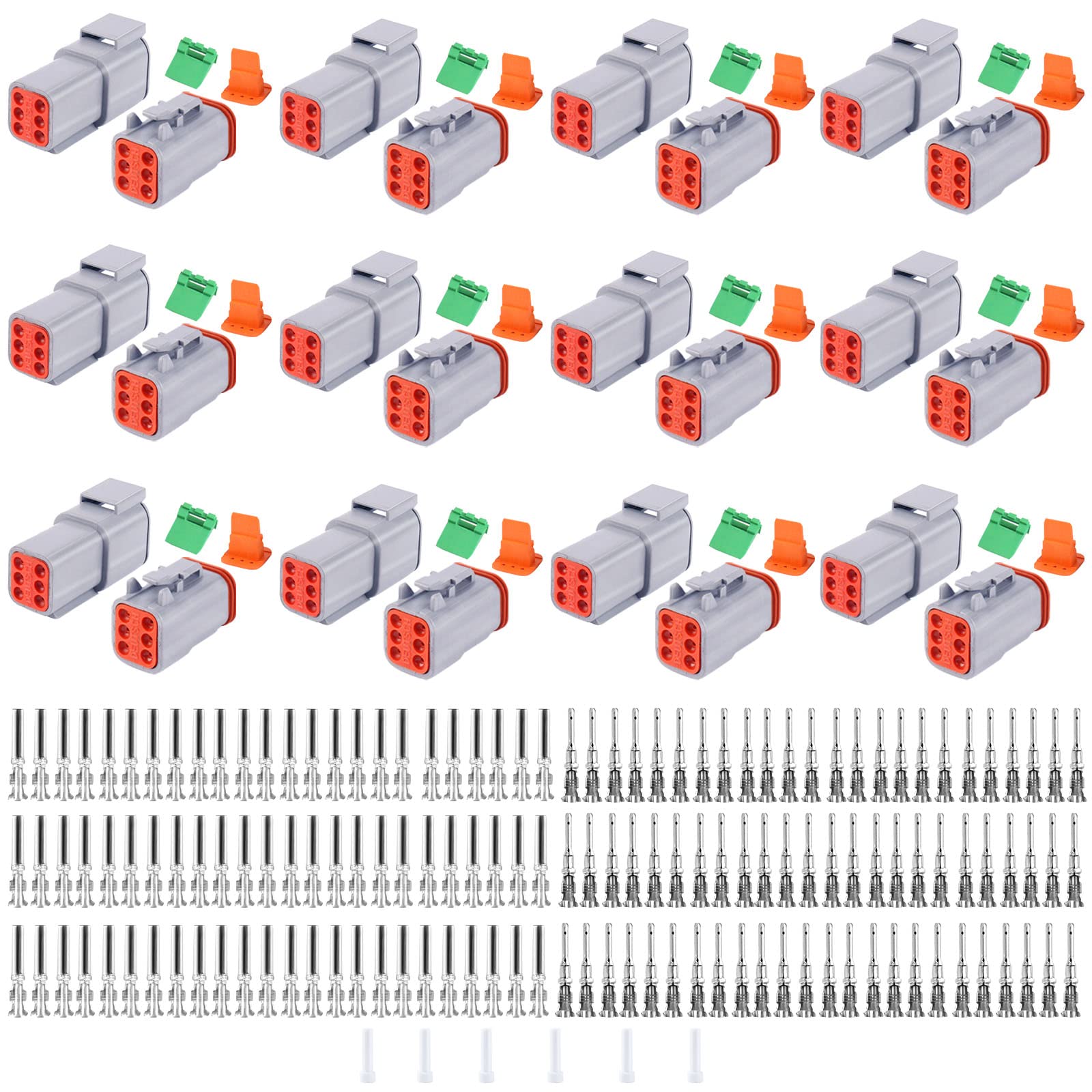 Cedolio 198PCS 6 Pin Way Deutsch DT Gray Connector 12 Set，Size 16 Solid Contacts Waterproof Electrical Wire Connector with Seal Plug for Truck, Off-Road Vehicles, Marine, Motorcycle Wiring.