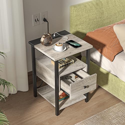 Miniatura 6 de Mesita de noche con estación de carga, mesita de noche de 3 niveles con cajón de madera, mesas auxiliares sala de estar con puertos USB, mesitas de