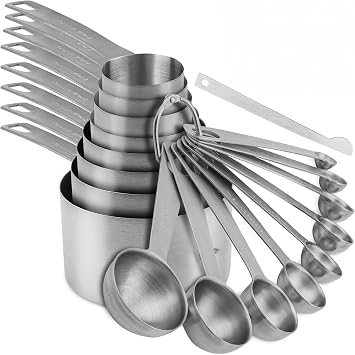 Measuring Cups and Spoons Set 18, Metric&US 18/8 Stainless Steel Measuring Cups and Spoons for Kitchen &Baking, Metal Measue Cup and Spoon for Dry&Liquid, 8 Measure Cups&9 Spoons w/Leveler