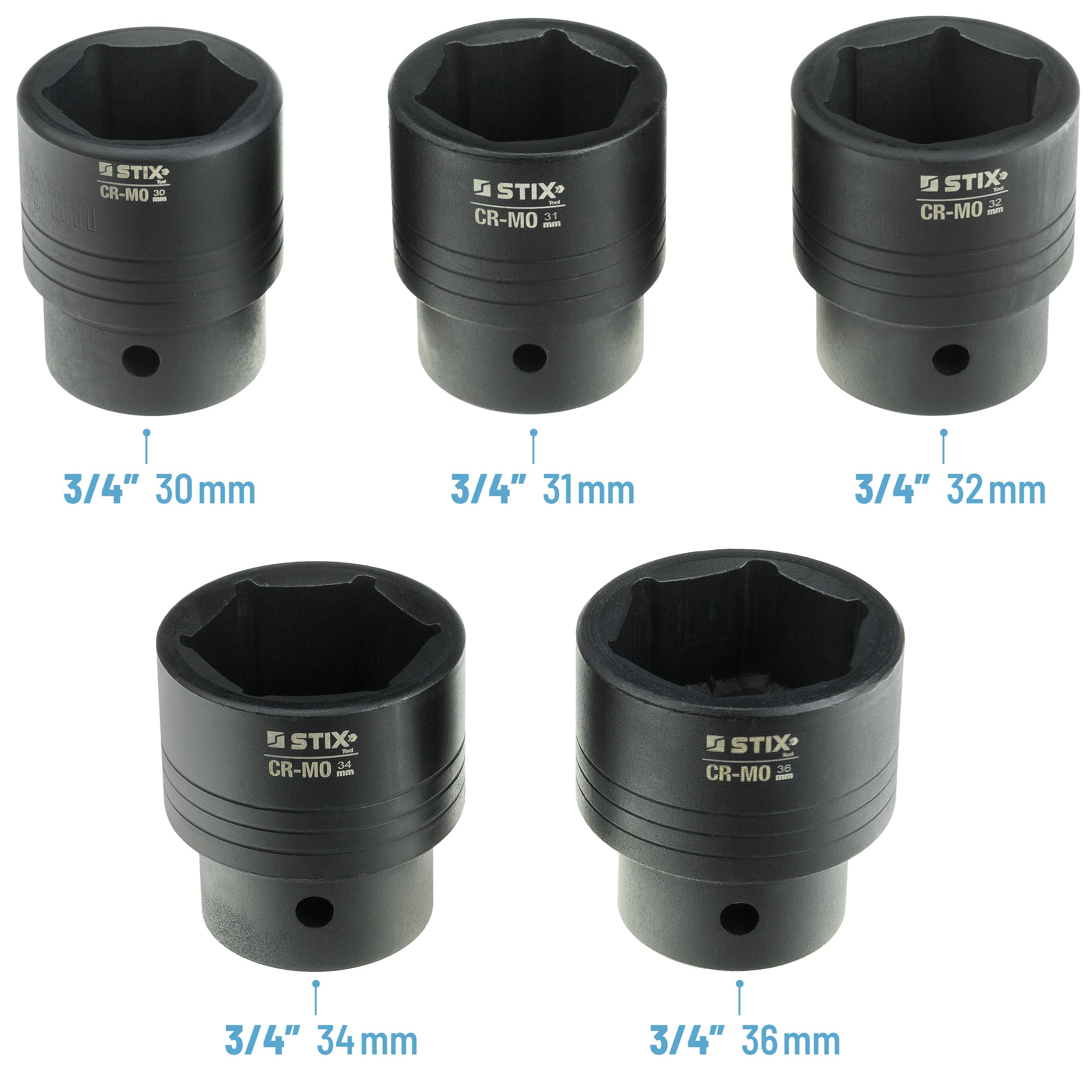 STIX Juego de 26 llaves de vaso de 3/4" y 1" CR-MO – Tuercas largas 21-65 mm para llave de impacto, incluye accesorios y maletín robusto para profesionales