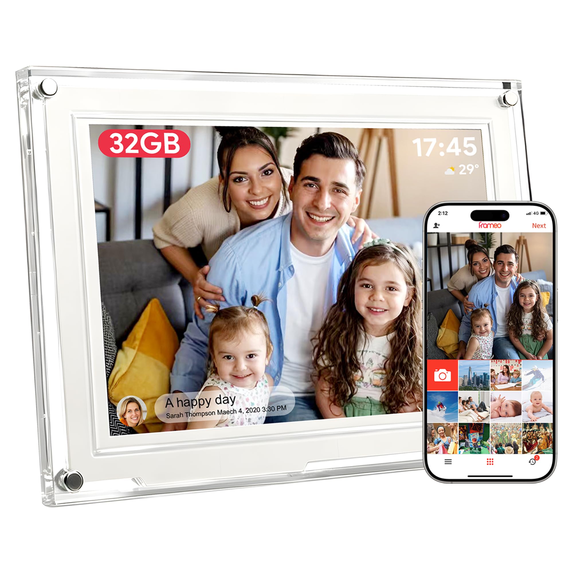 Frameo 10,1 pollici Slim Acrilico Wifi Cornice Digitale 32 GB Cornice Foto Digitale 1280 * 800 HD IPS Touch Screen Condivisione istantanea di foto/video tramite l'app Frameo da qualsiasi luogo