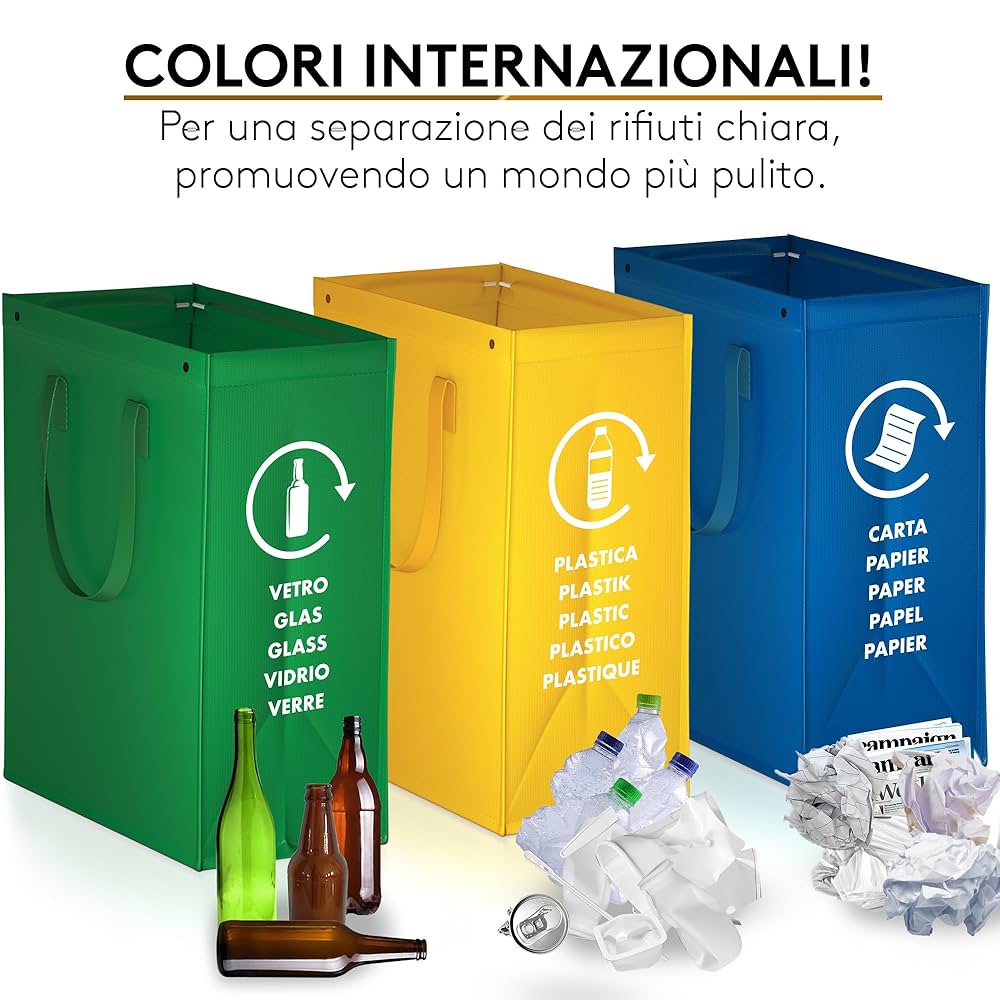 Set 3 Bidoni Per Raccolta Differenziata TP HOME - Per Carta, Plastica, Vetro, Con Maniglie E Bottoni