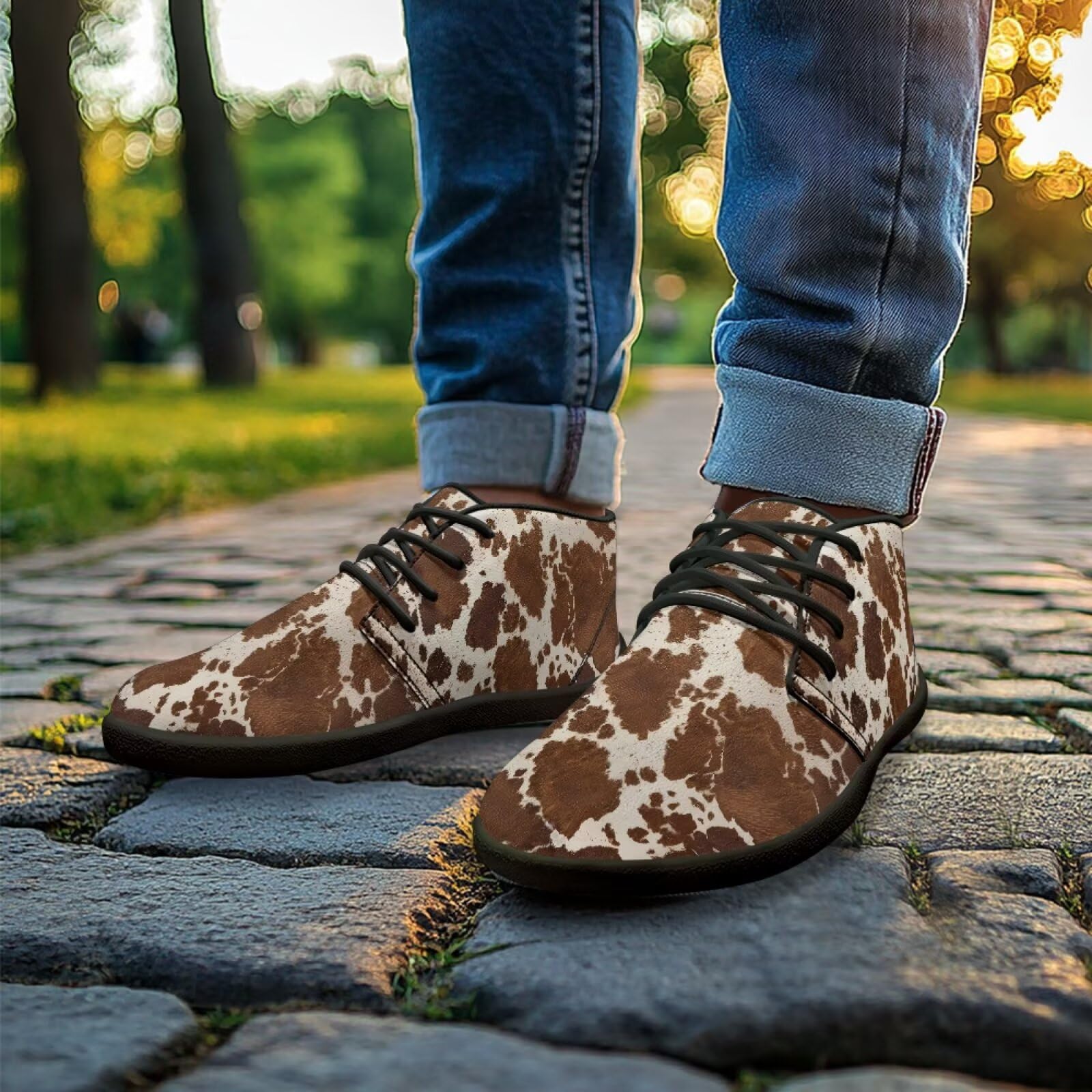 Chririnla Cow Athletic Dress Shoes for Men Fashion Womens Classic Lace Up Athletic Sneakers Non Slip Teen Boys Minimalist Cross-Trainer Shoe