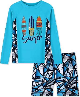 Boys Two Piece Rash Guard Swimsuits Kids Long Sleeve Printed Swimwear Sets Quick Dry Bathing Suit Boys 4-12 Years
