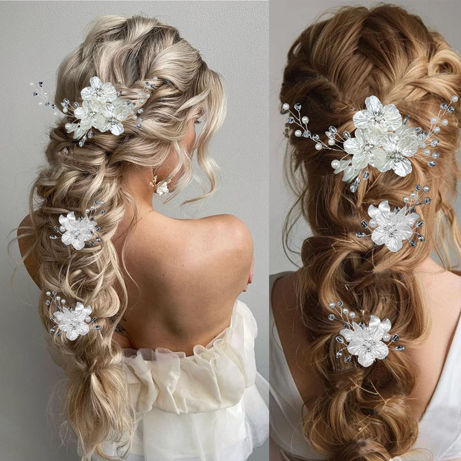 3 forcine per capelli da sposa con perle di cristallo, accessori per capelli da sposa, gioielli con strass, glitter in rilievo fiore bianco