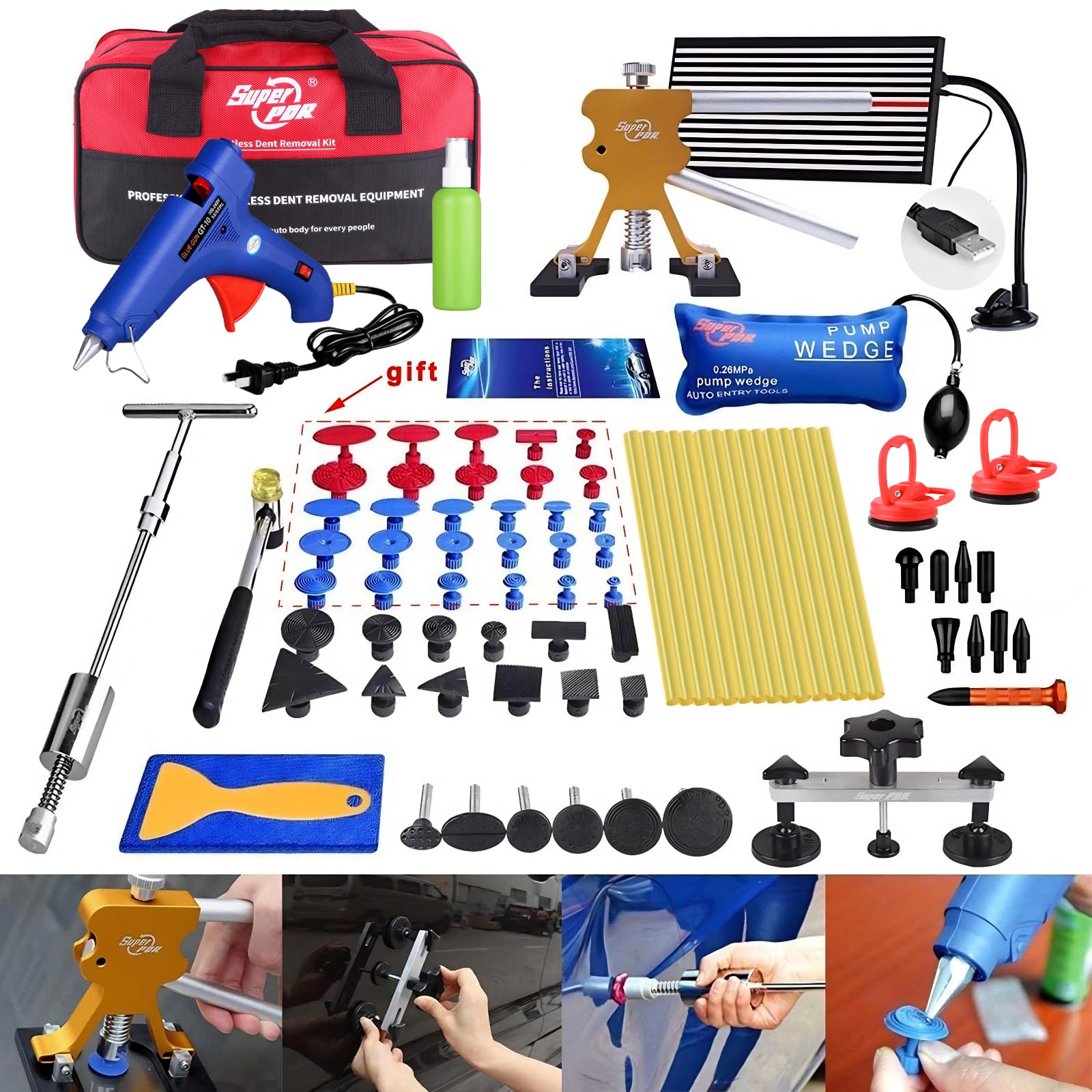 Super PDR Dent Puller Kit Paintless Dent Repair Kit for Car – Slide Hammer Suction Cup and PDR Light for 98% Auto Body Dent Removal, Hail Damage & Appliance Dents or Vehicle Dent Removal