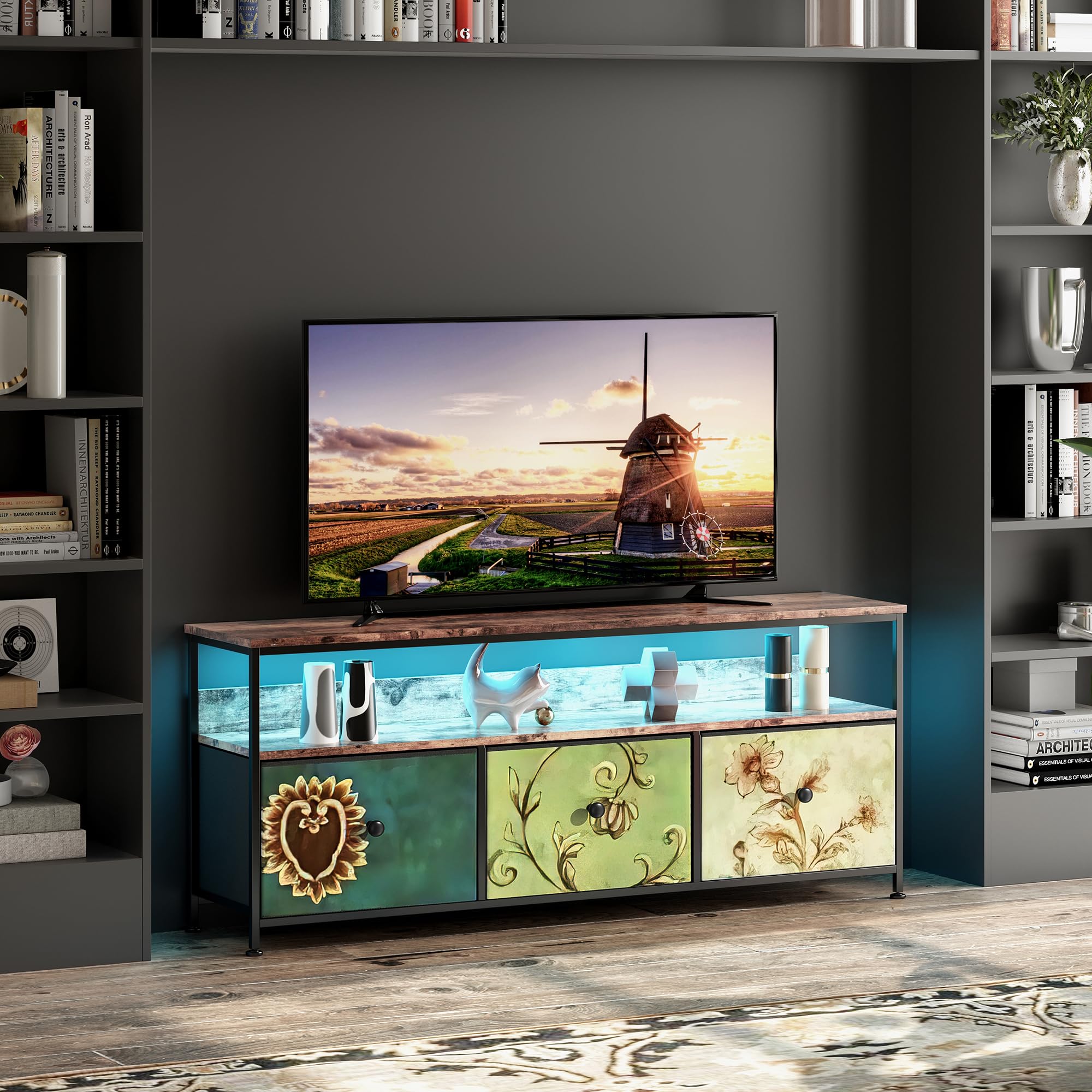 Mueble para TV LED, 137 cm, mesa de TV, mueble para televisión con cajón LED y tejido, mesa de TV para sala de estar con almacenamiento, banco bajo móvil para TV para sala de estar, dormitorio