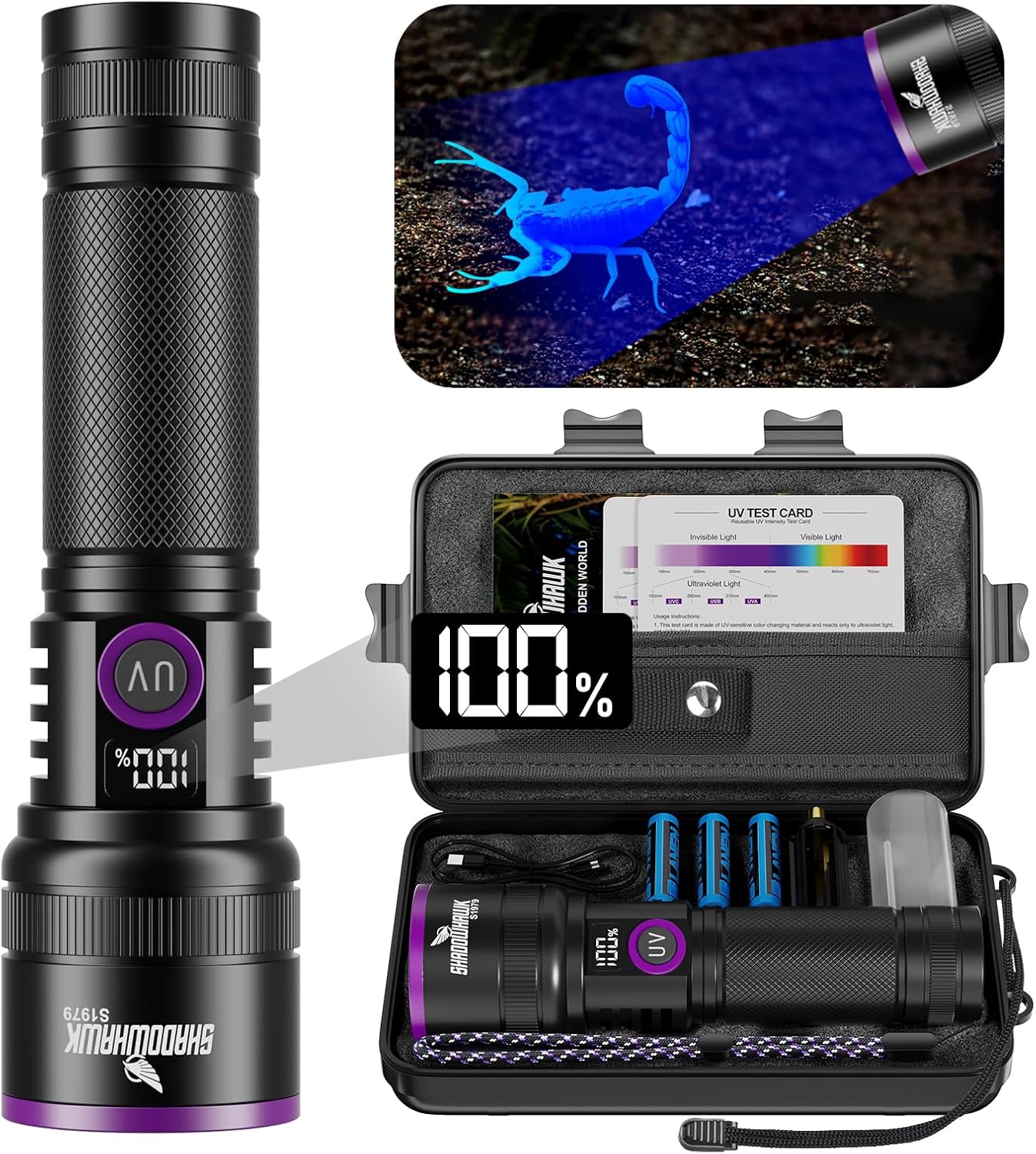 365nm UV Flashlight with Filter Lens - 30w Powerful Black Light Flashlight Rechargeable Ultraviolet Blacklight for Pet Urine Detection/Resin Curing/Rocks/Scorpion/Blood Tracking etc., with LCD Display