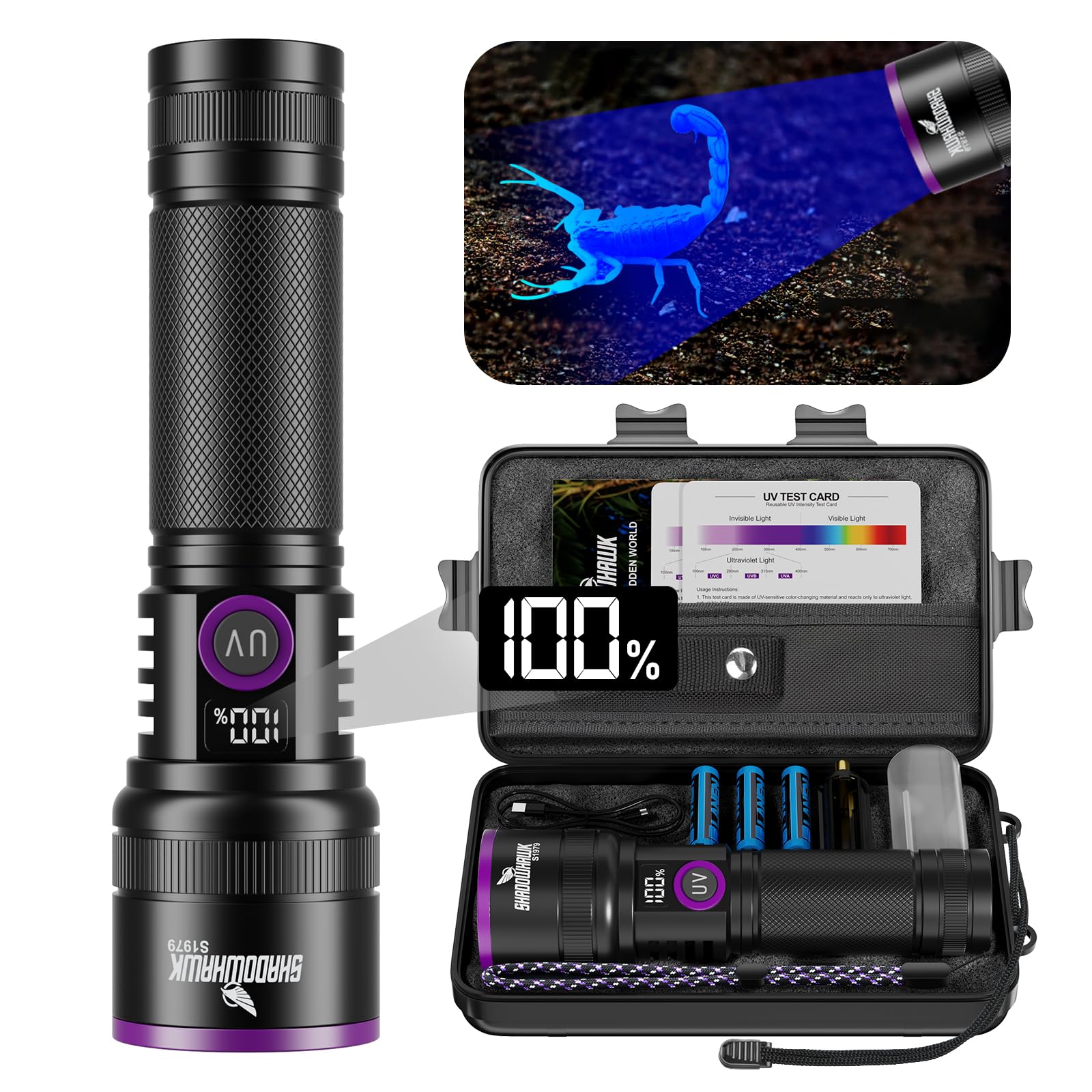 Shadowhawk 365nm UV Taschenlampe Mit Filterlinse - 30W Schwarzlicht 4-Kern Aufladbar UV Lampe, UV Licht Flashlight Für Bernstein/Tierurin-Test/Resin Härten/Scorpions/Geldscheinprüfung, Mit LCD-Display