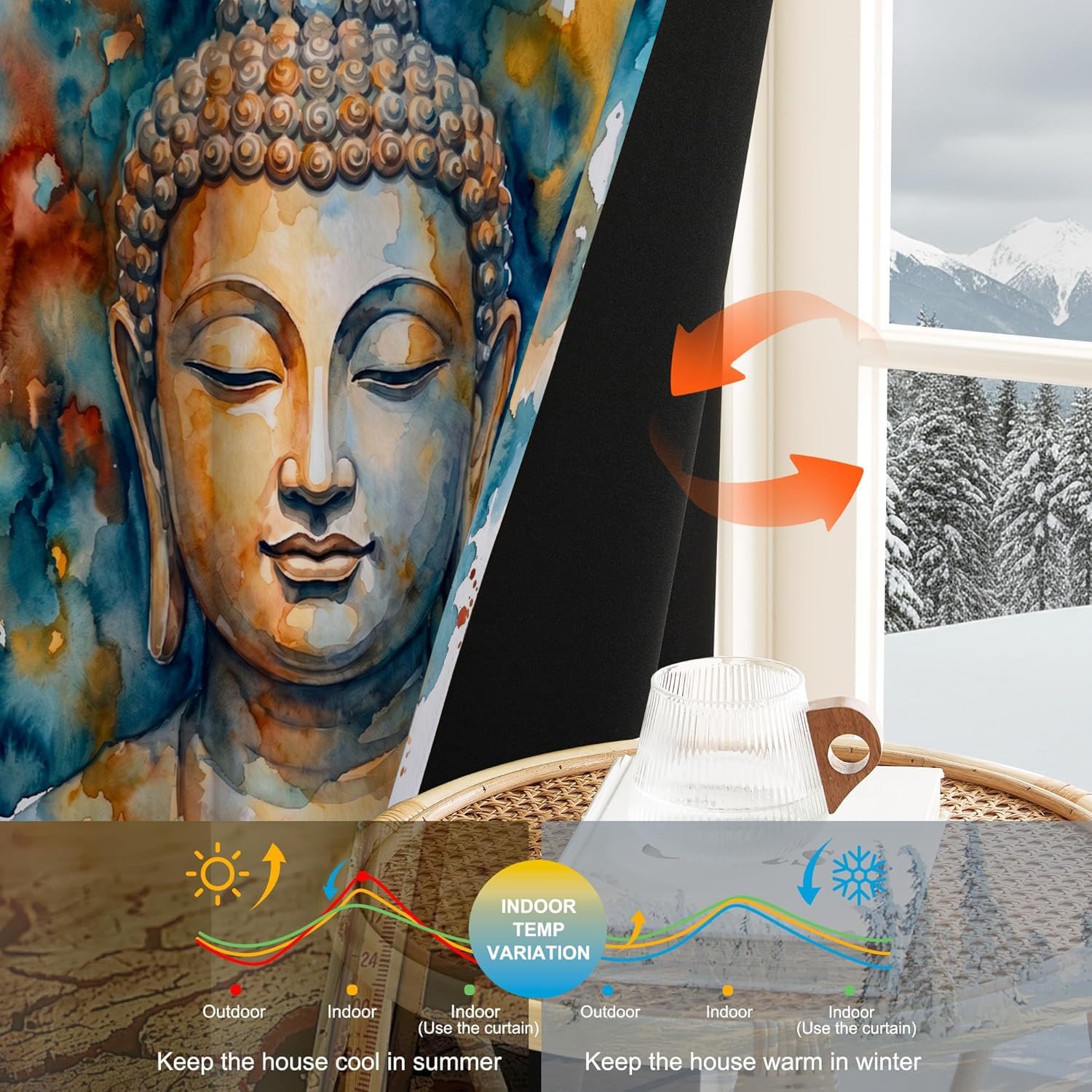 Tende oscuranti al 95% con Arte astratta per soggiorno | 160 cm di lunghezza, pannelli con Statua Buddha realizzata con acquerello e inchiostro. per camera da letto, tende isolate termicamente