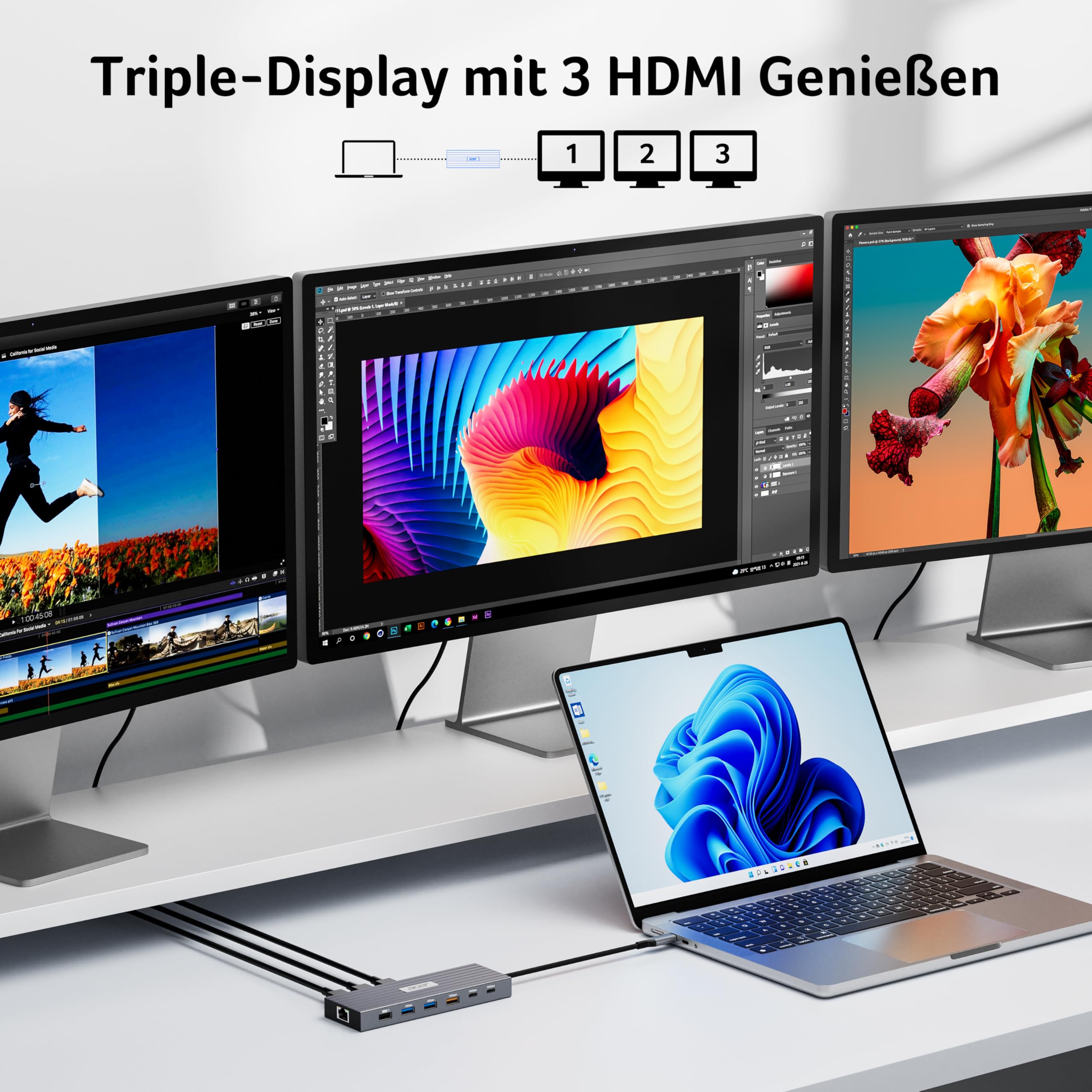 Acer USB C Docking Station 3 HDMI 4K@60Hz, 13IN1 Triple Display Hub 10Gbps | Typ-C auf 10Gbps USB-A+2C, 5Gbps USB-A, 1Gbps Ethernet 100W PD SD/TF Kartenleser Adapter für Surface,MacBook Pro,Dell,Laptop.