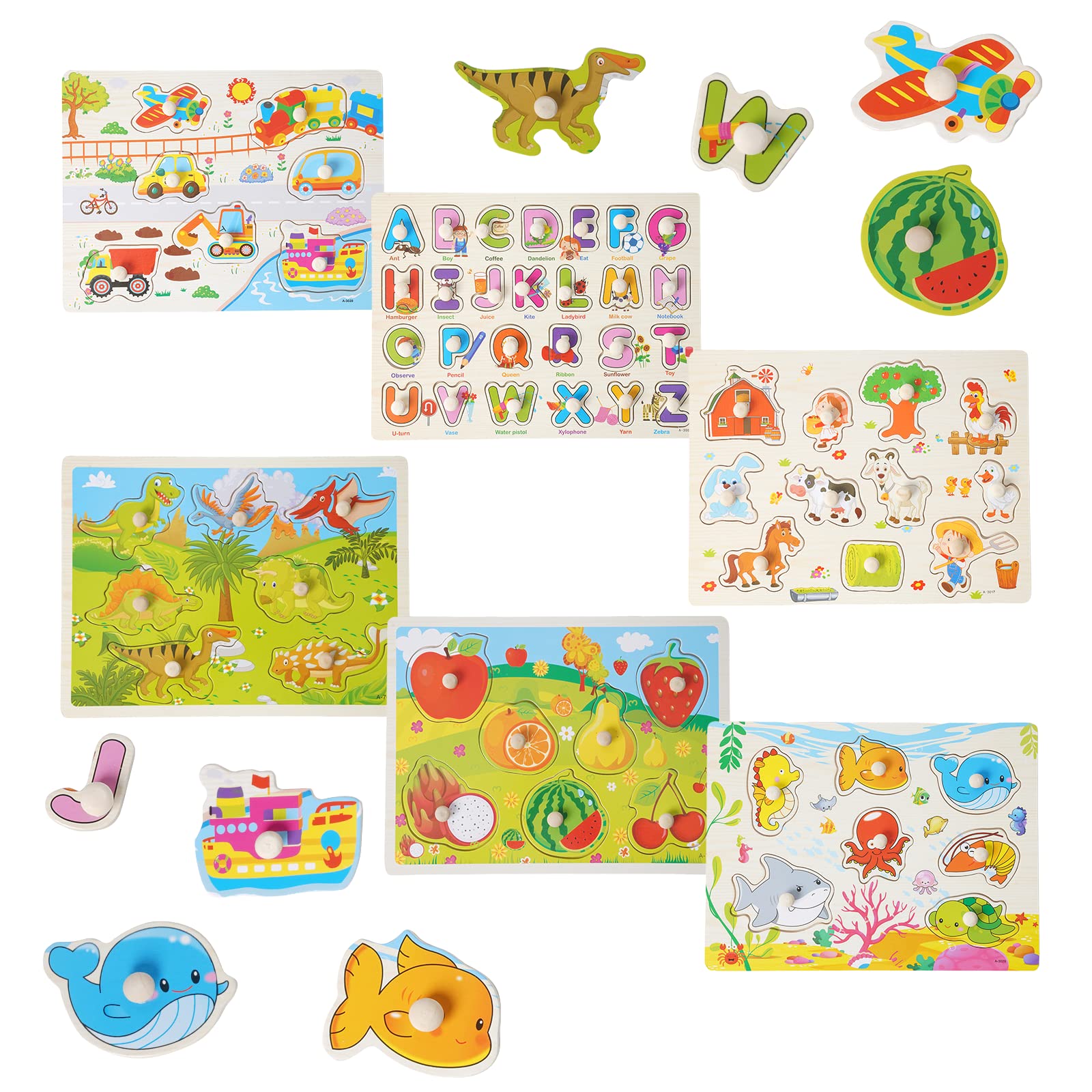 6 Puzzle di legno incorporato puzzle educativo giocattolo montessori fattoria puzzle, trasporto, alfabeto, insetti, animali marini, dinosauro ragazzo e ragazza regalo 1 2 3 4 anni