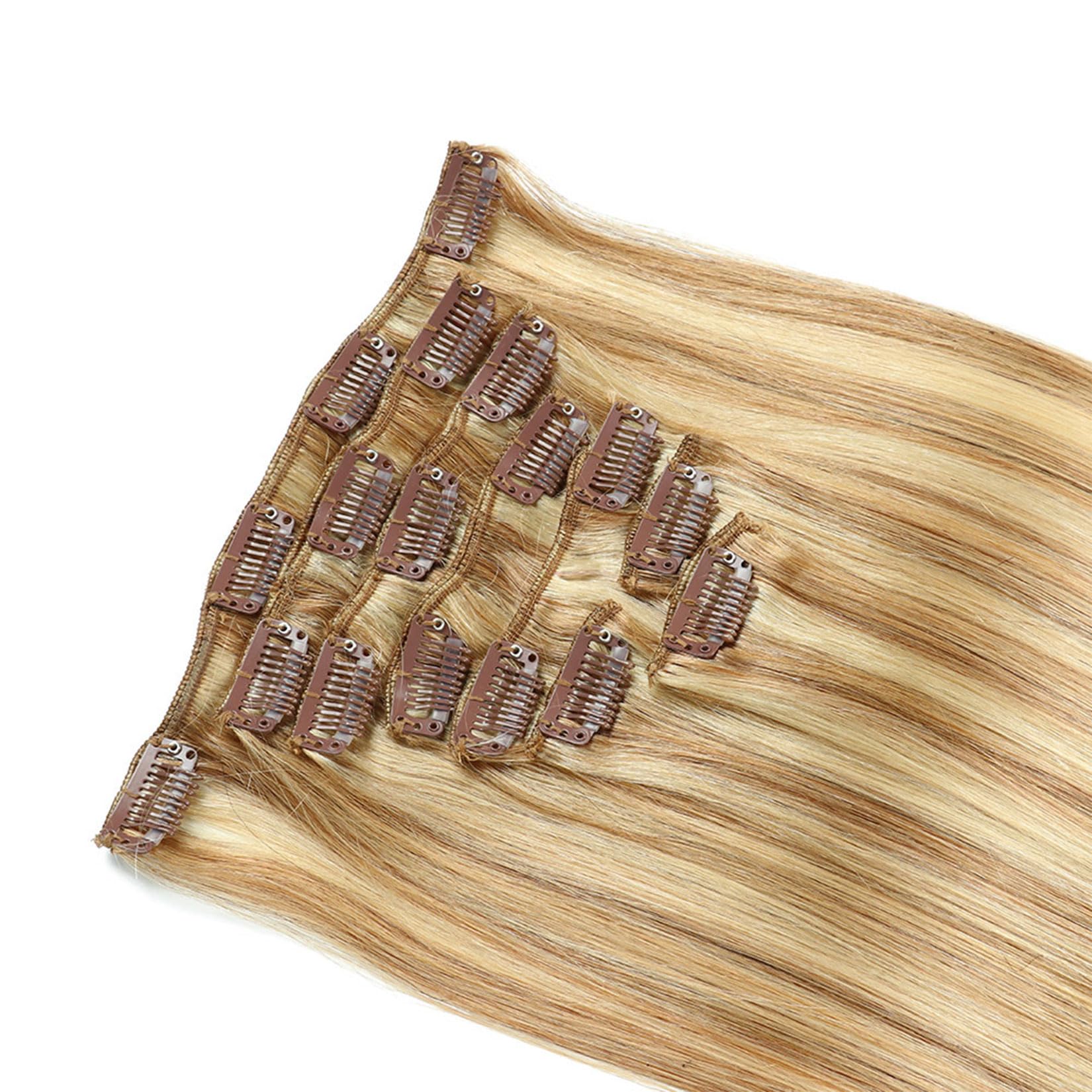 Clip in Haarverlängerungen für Frauen, gerade nahtlose Clip in Extensions Menschenhaar, 7 Stück Set echtes Menschenhaar #27/613,14inch (35cm) 70g