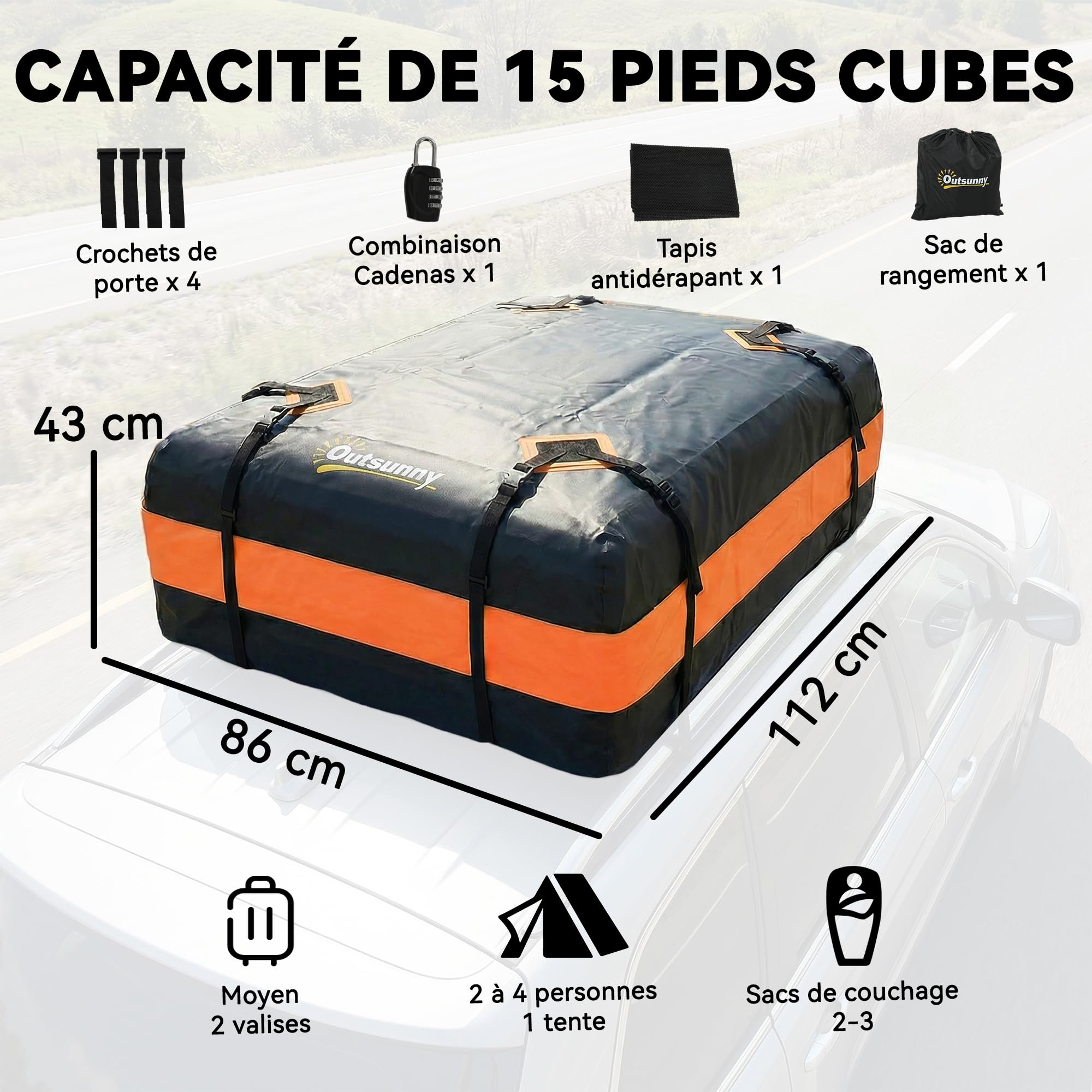 Outsunny Coffre de Toit de Véhicule 425 L, Intempéries, 8 Sangles Renforcées, 4 Crochets de Portes, Cadenas Antivol, Tapis Antidérapant, Sac de Toit Voiture pour Tous Véhicules avec/sans Barres