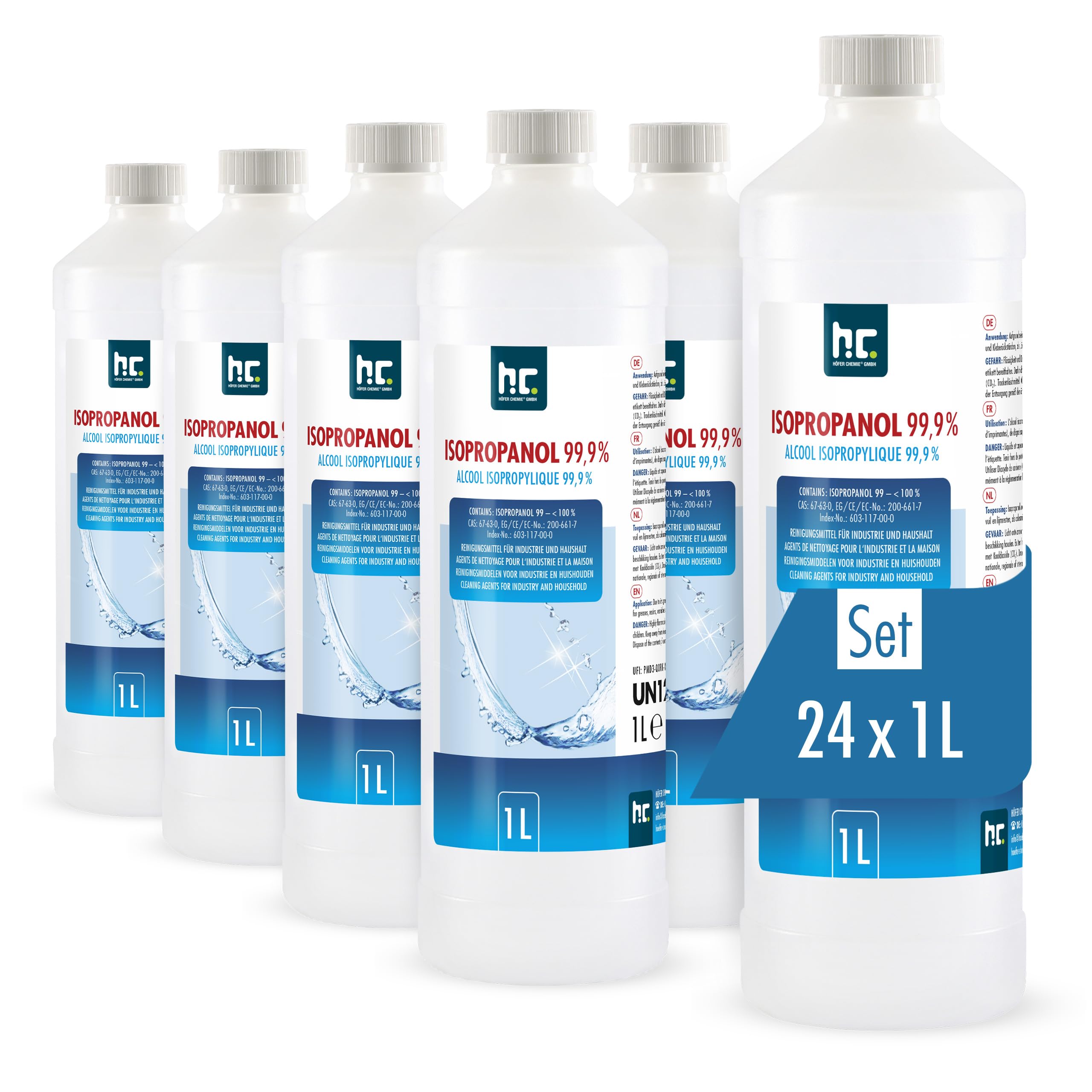 Höfer Chemie Isopropanol 99,9% (IPA) 24 X 1 L - Alcool Isopropylique pour le Nettoyage et le Dégraissage - Solvant Puissant - Multiusage