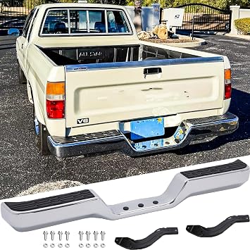 Rear Steel Step Bumper Assembly for 1989 1990 1991 1992 1993 1994 1995 Toyota Pickup Truck Toyota Hilux Chrome Back Bumper Replacement for TO1102221,with Step Pad and Mounting Brackets
